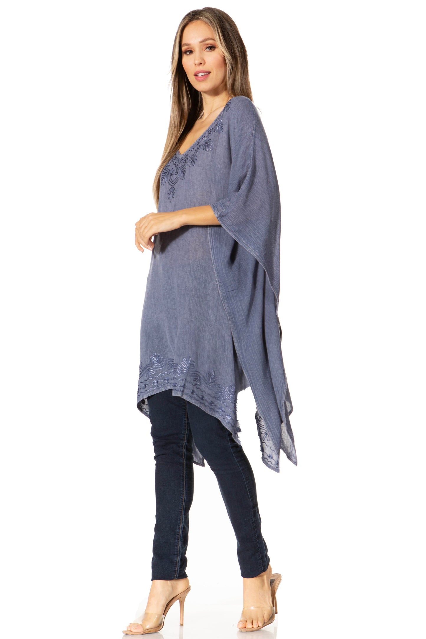 Sakkas Regina Women's Lightweight Stonewashed Poncho Top Blouse Caftan Cover up - Concordia Style Boutique