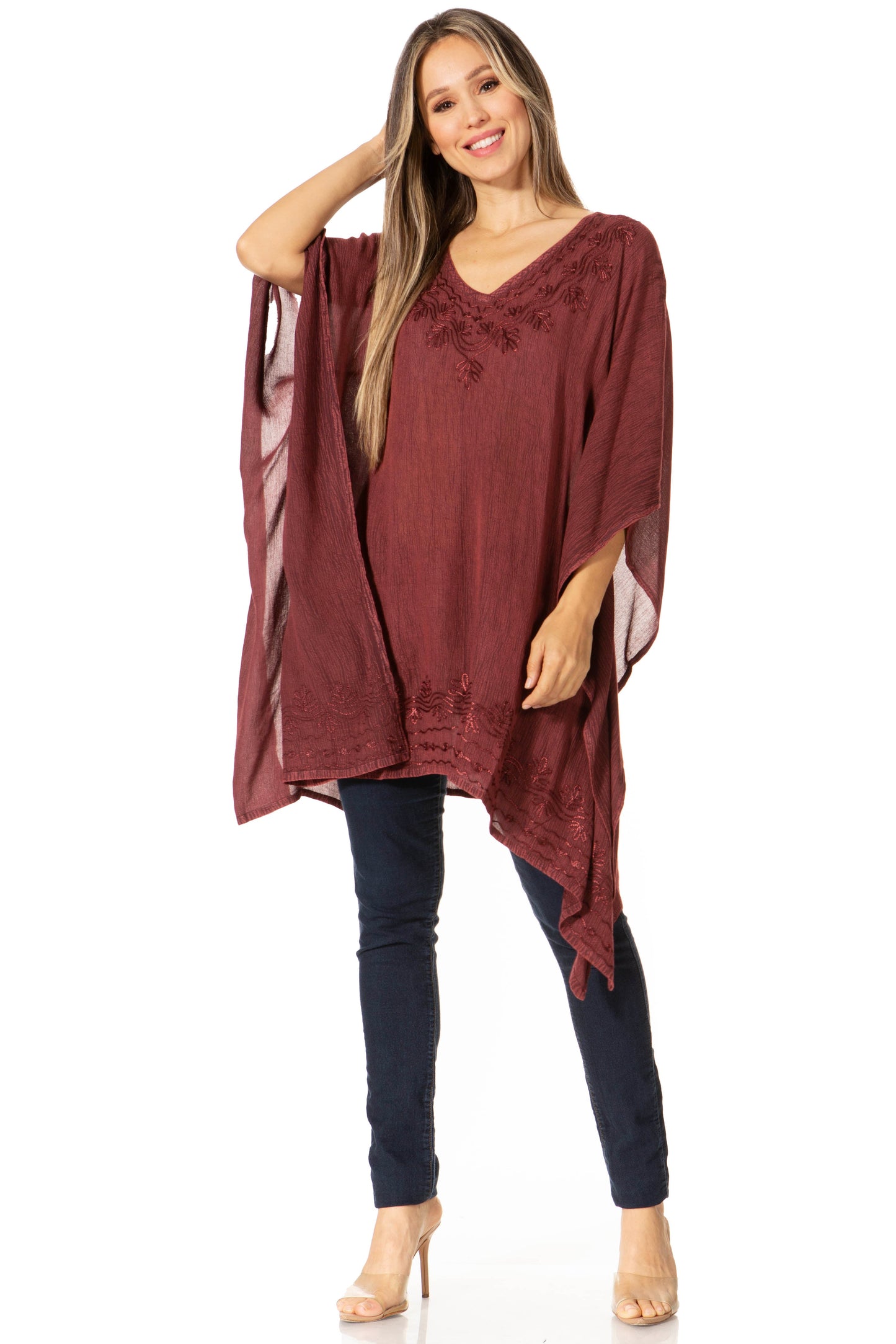 Sakkas Regina Women's Lightweight Stonewashed Poncho Top Blouse Caftan Cover up - Concordia Style Boutique