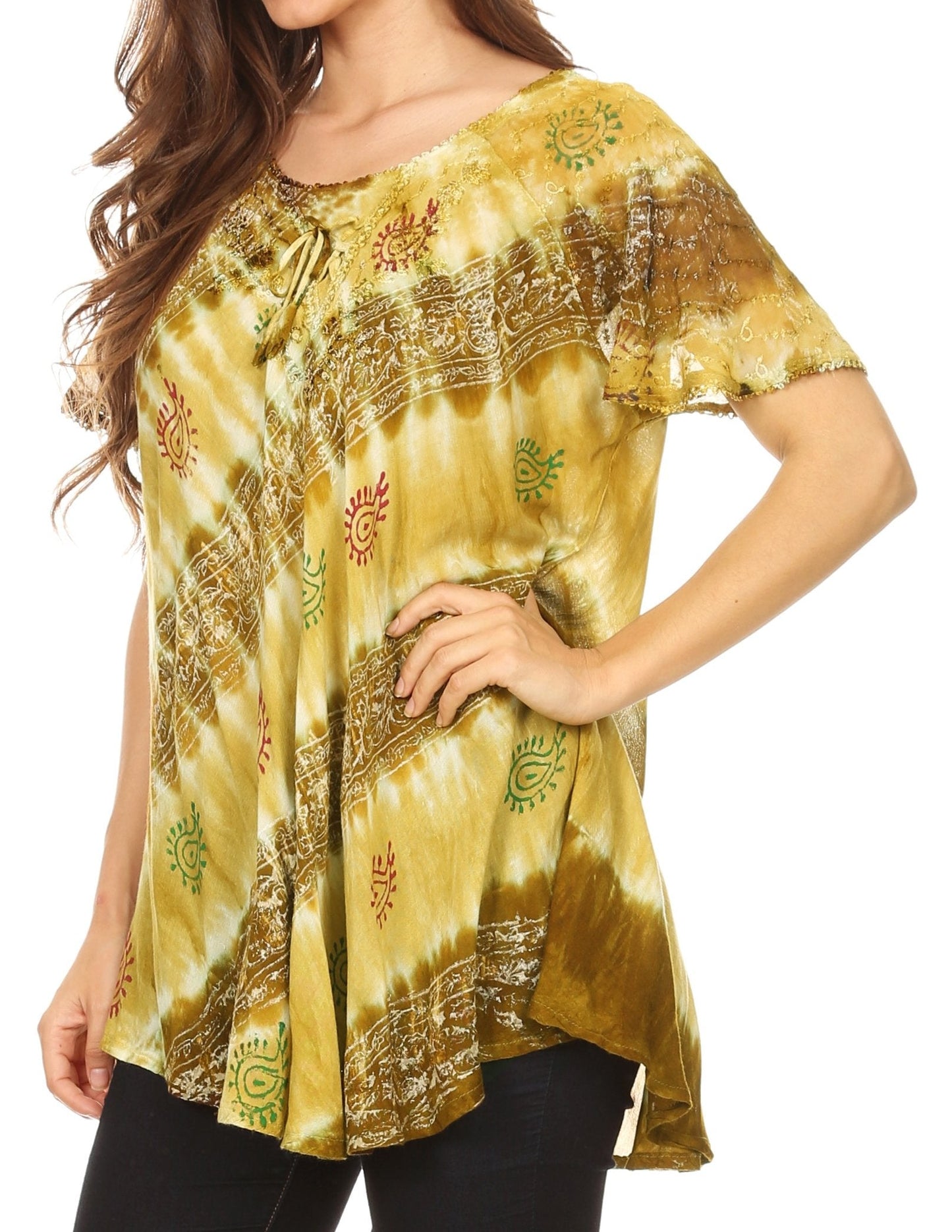 Sakkas Flavia Womens Everyday Blouse Top with Tie-dye & Block Print Light and Soft - Concordia Style Boutique