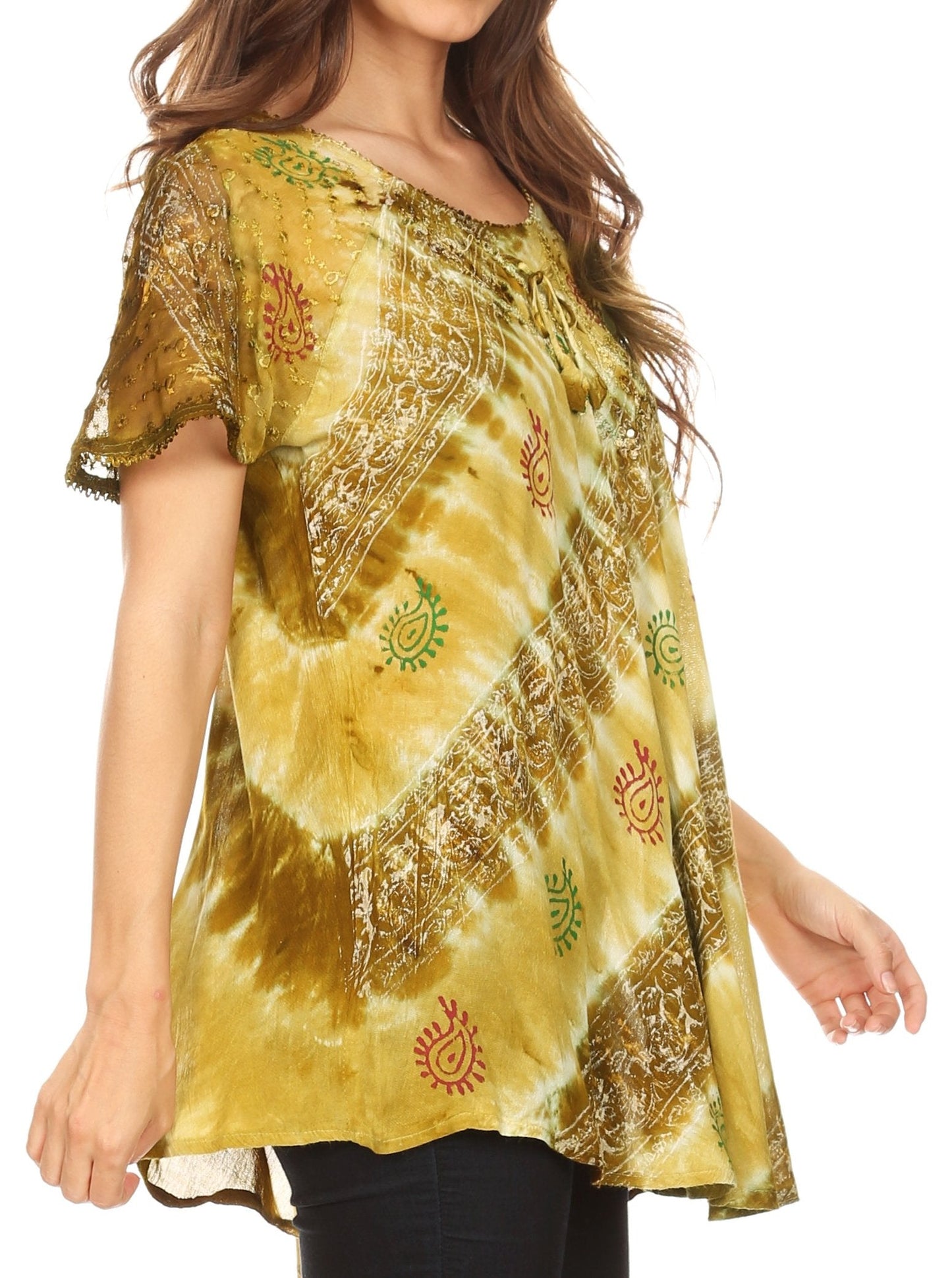 Sakkas Flavia Womens Everyday Blouse Top with Tie-dye & Block Print Light and Soft - Concordia Style Boutique