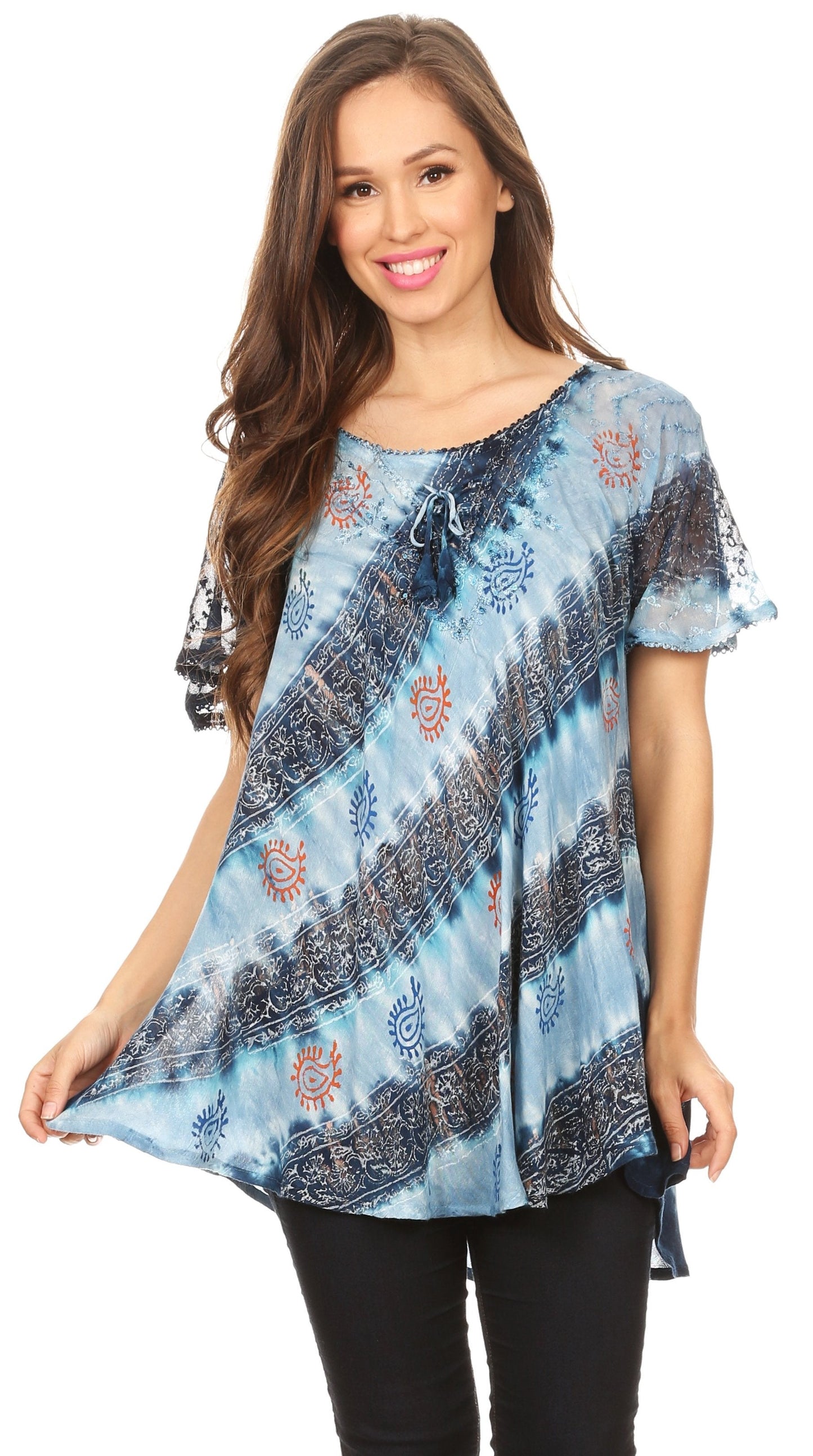 Sakkas Flavia Womens Everyday Blouse Top with Tie-dye & Block Print Light and Soft - Concordia Style Boutique