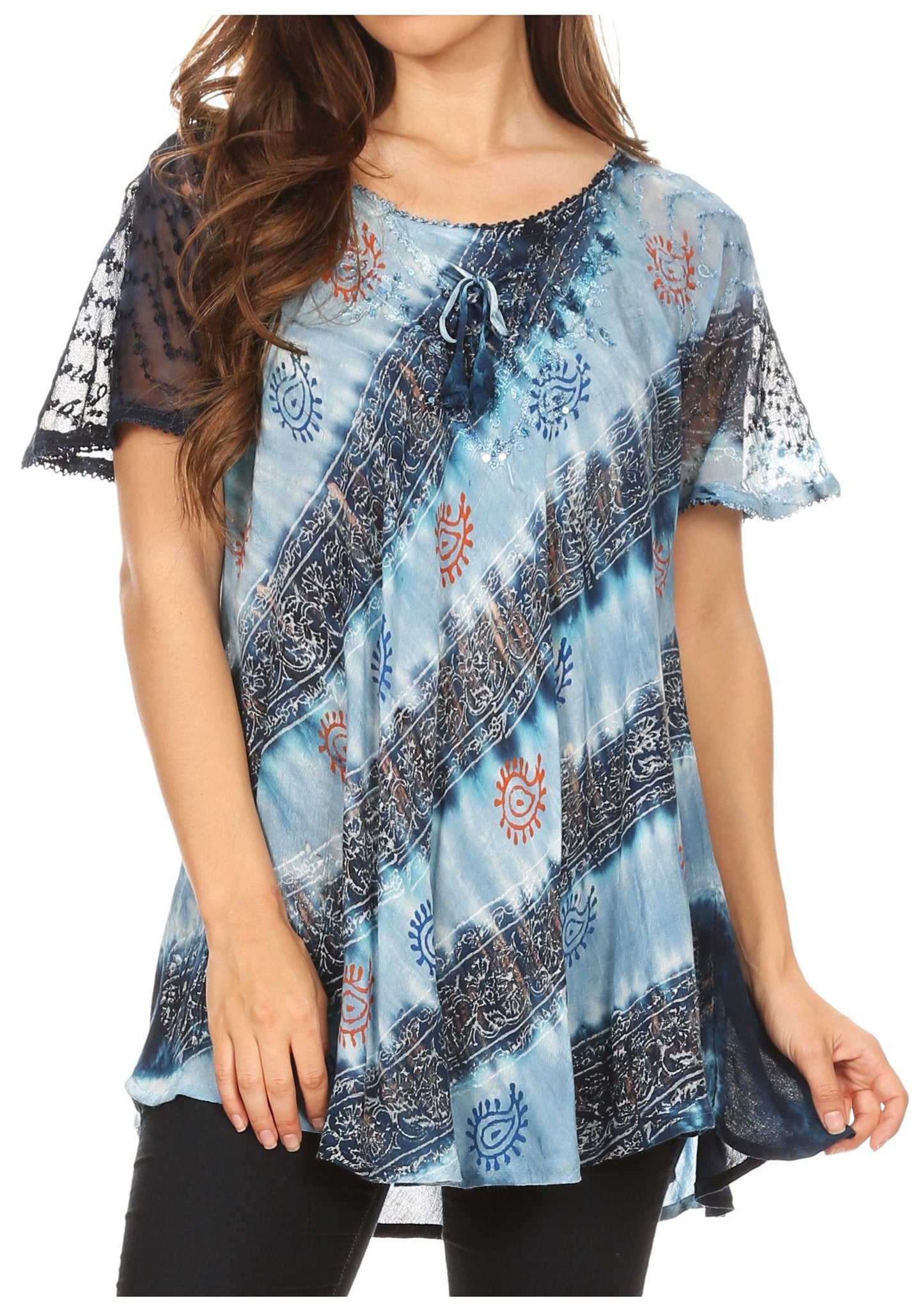 Sakkas Flavia Womens Everyday Blouse Top with Tie-dye & Block Print Light and Soft - Concordia Style Boutique