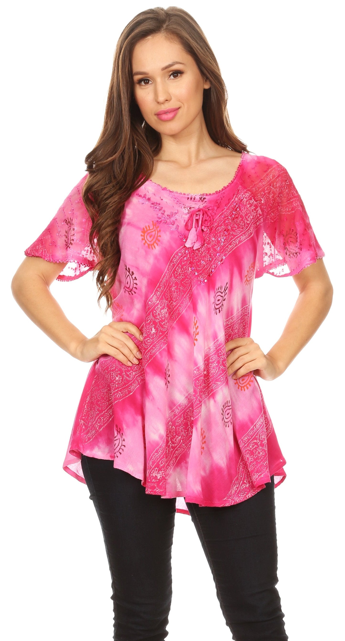 Sakkas Flavia Womens Everyday Blouse Top with Tie-dye & Block Print Light and Soft - Concordia Style Boutique