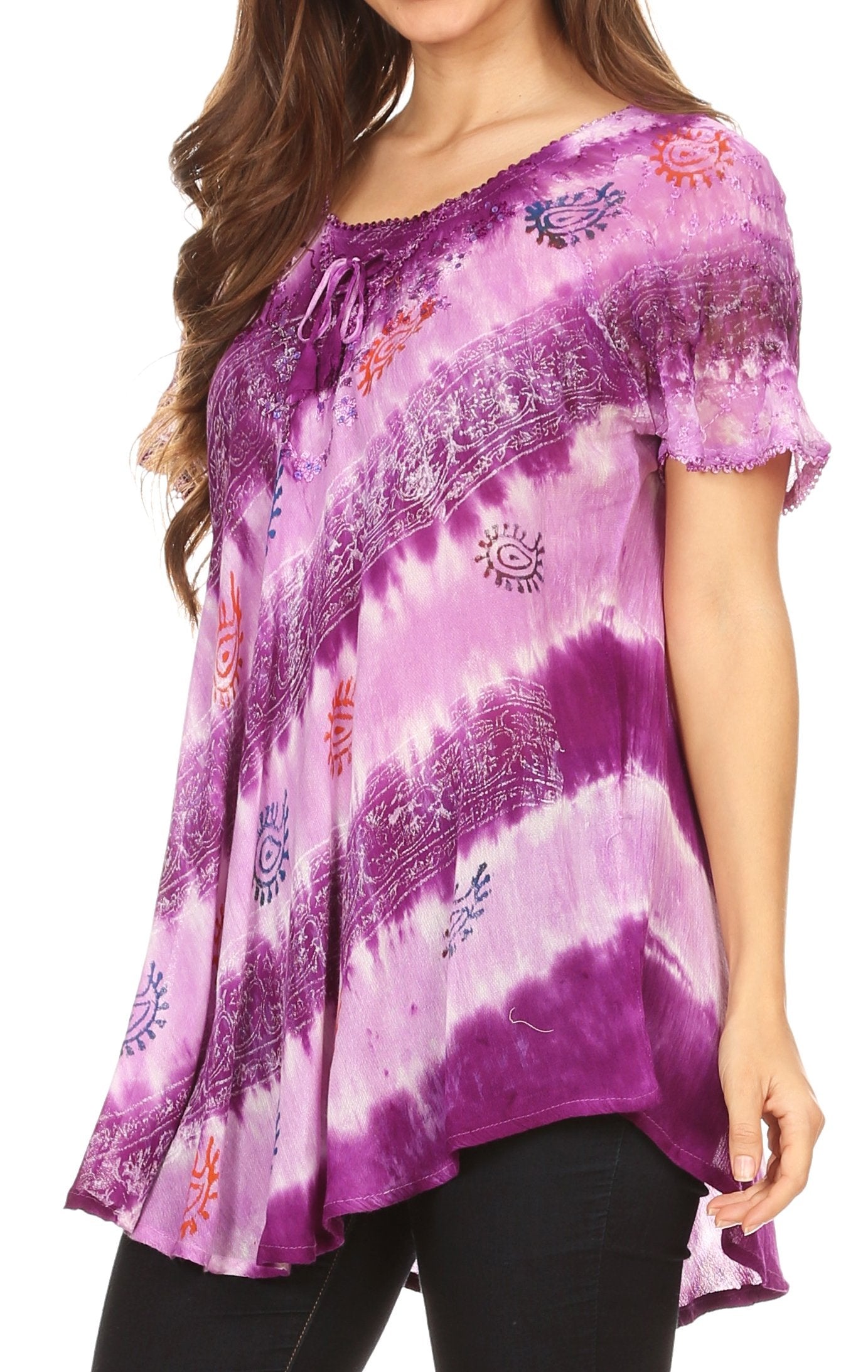 Sakkas Flavia Womens Everyday Blouse Top with Tie-dye & Block Print Light and Soft - Concordia Style Boutique