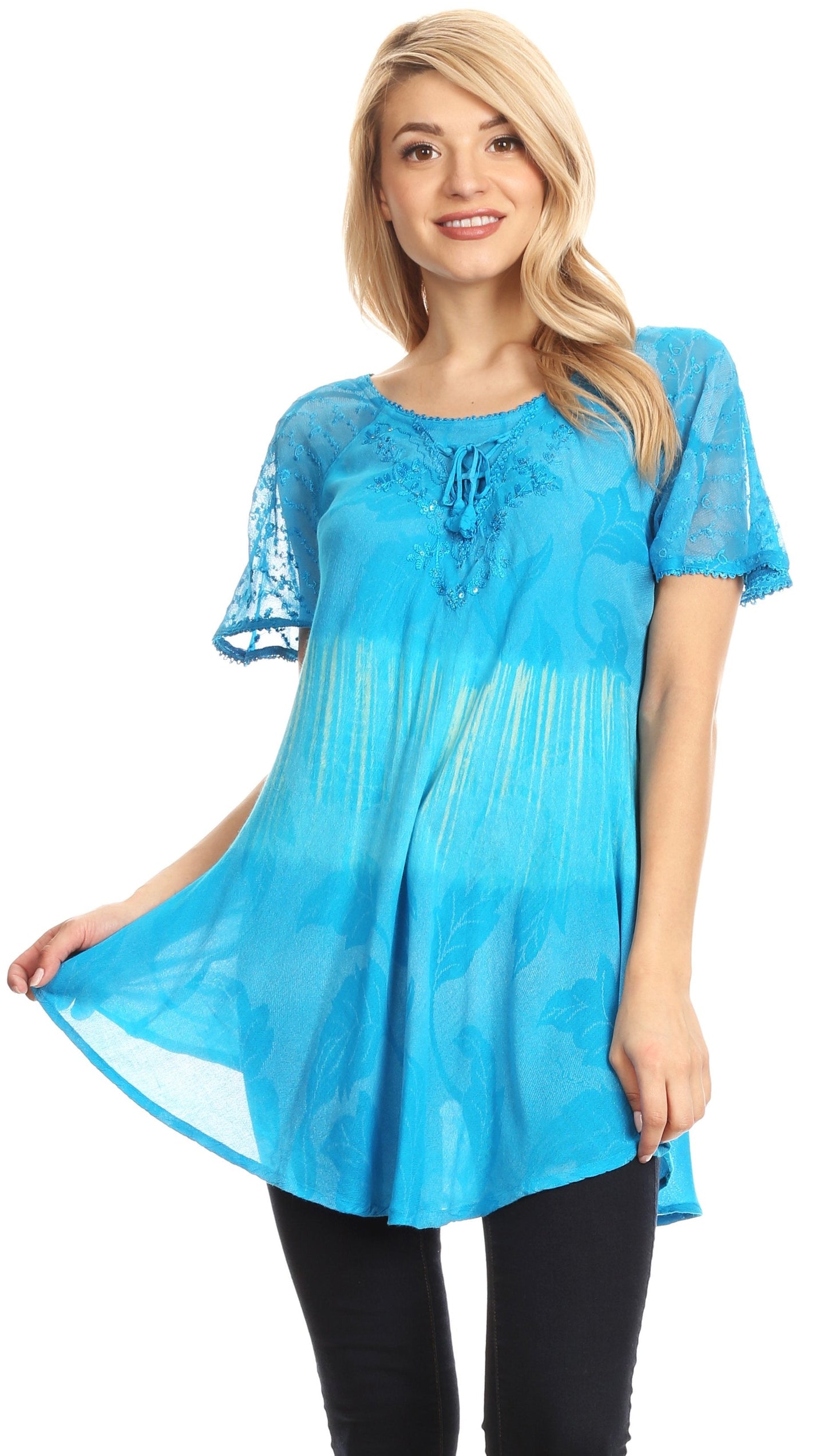 Sakkas Parisa Casual Summer Short Sleeve Top Blouse with Corset and Embroidery - Concordia Style Boutique