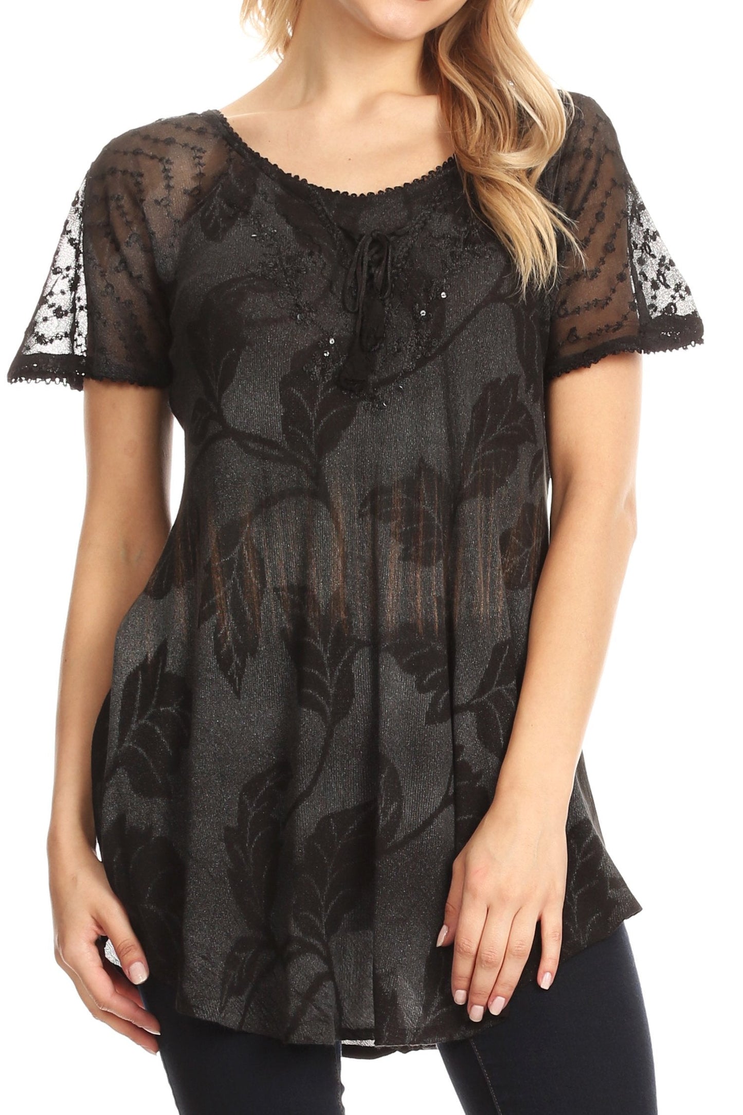 Sakkas Parisa Casual Summer Short Sleeve Top Blouse with Corset and Embroidery - Concordia Style Boutique