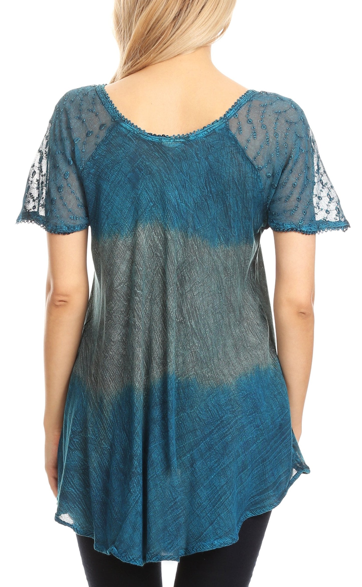 Sakkas Lily Casual Everyday Summer Short Sleeve Top Blouse with Block Print & Lace - Concordia Style Boutique