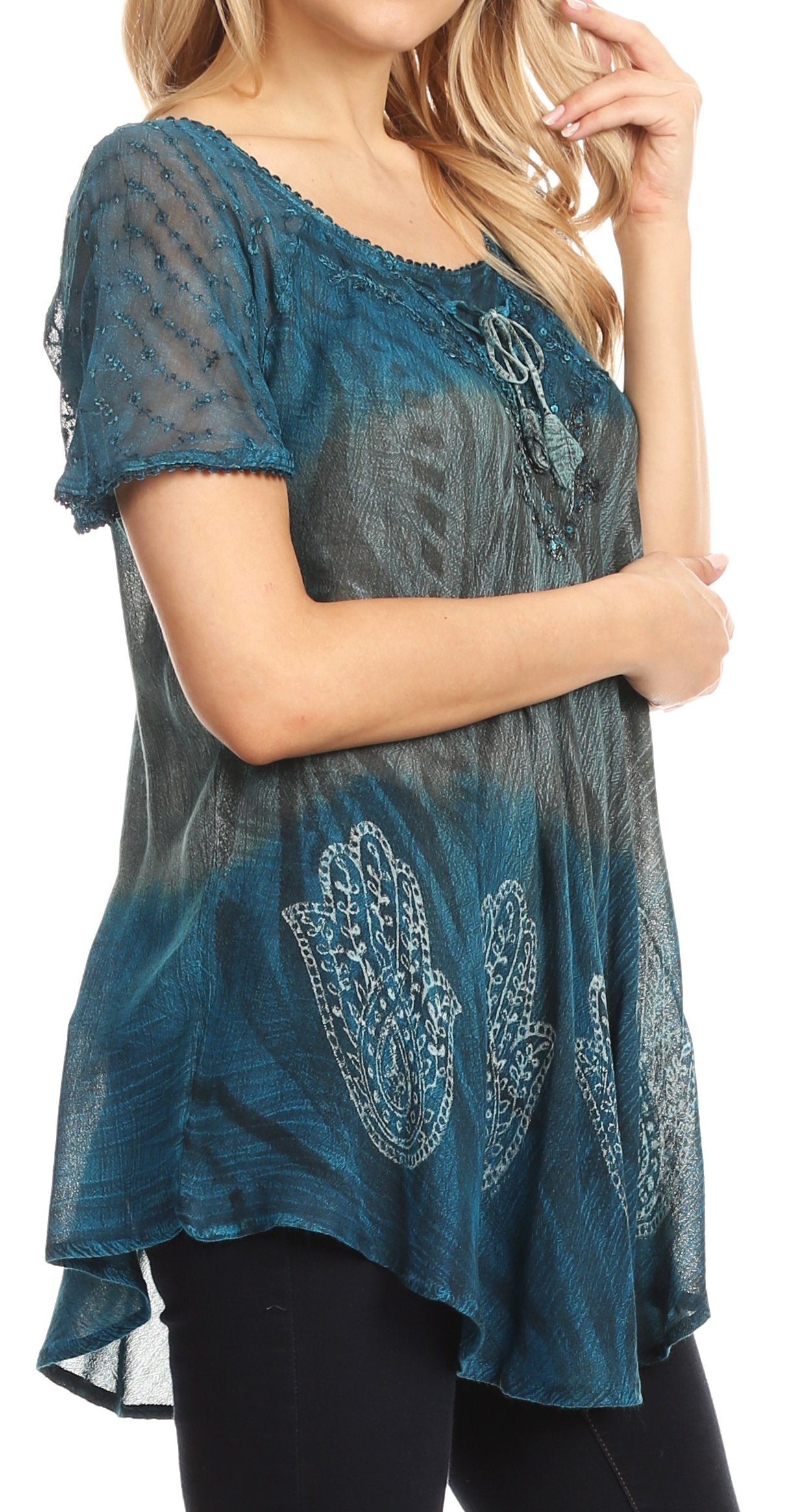 Sakkas Lily Casual Everyday Summer Short Sleeve Top Blouse with Block Print & Lace - Concordia Style Boutique