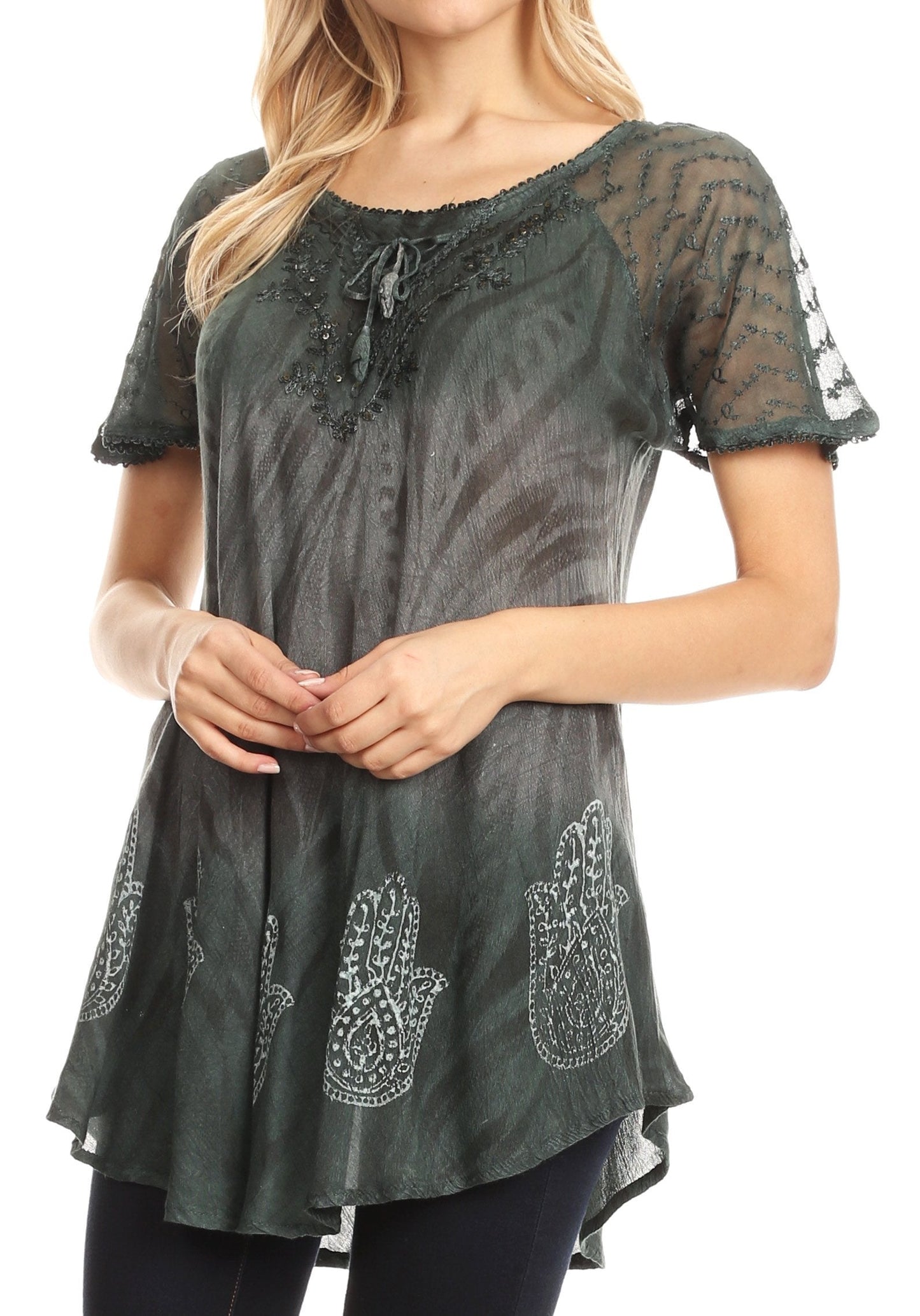 Sakkas Lily Casual Everyday Summer Short Sleeve Top Blouse with Block Print & Lace - Concordia Style Boutique