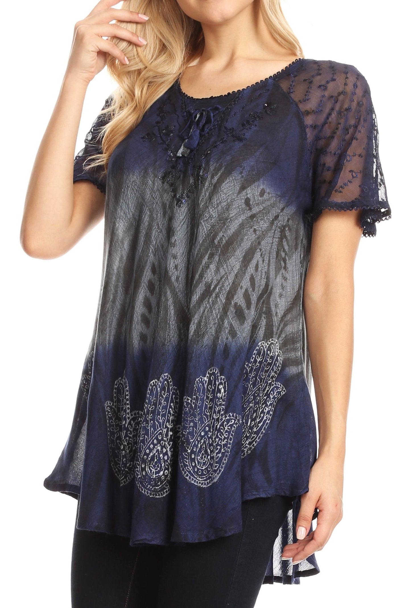 Sakkas Lily Casual Everyday Summer Short Sleeve Top Blouse with Block Print & Lace - Concordia Style Boutique