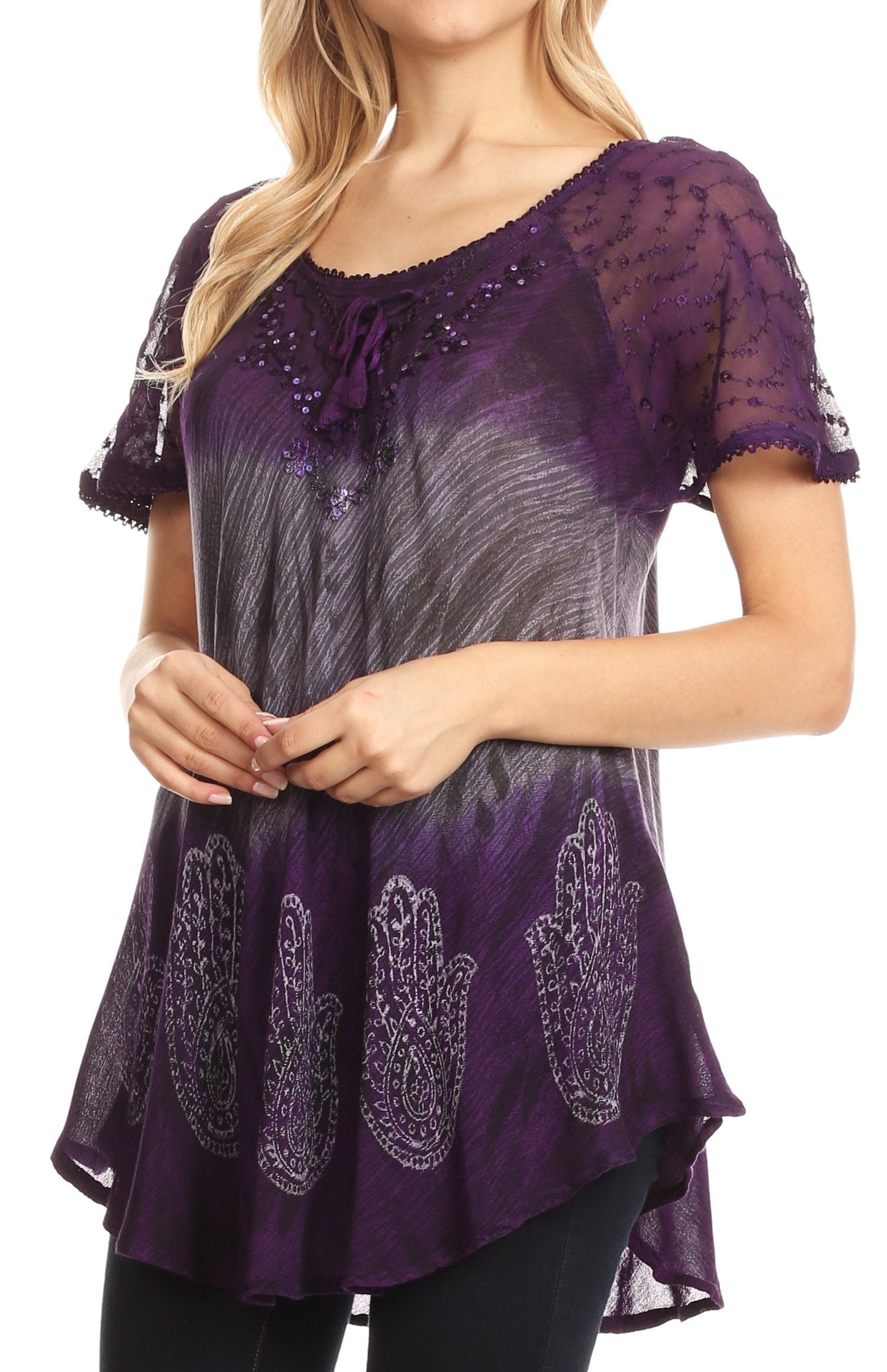 Sakkas Lily Casual Everyday Summer Short Sleeve Top Blouse with Block Print & Lace - Concordia Style Boutique