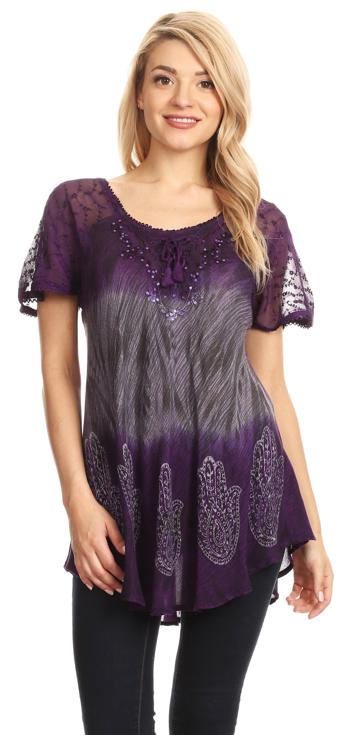 Sakkas Lily Casual Everyday Summer Short Sleeve Top Blouse with Block Print & Lace - Concordia Style Boutique