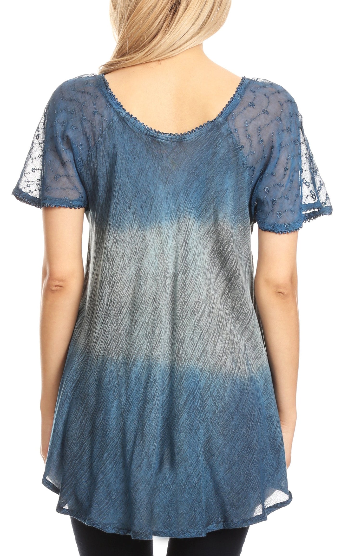 Sakkas Lily Casual Everyday Summer Short Sleeve Top Blouse with Block Print & Lace - Concordia Style Boutique
