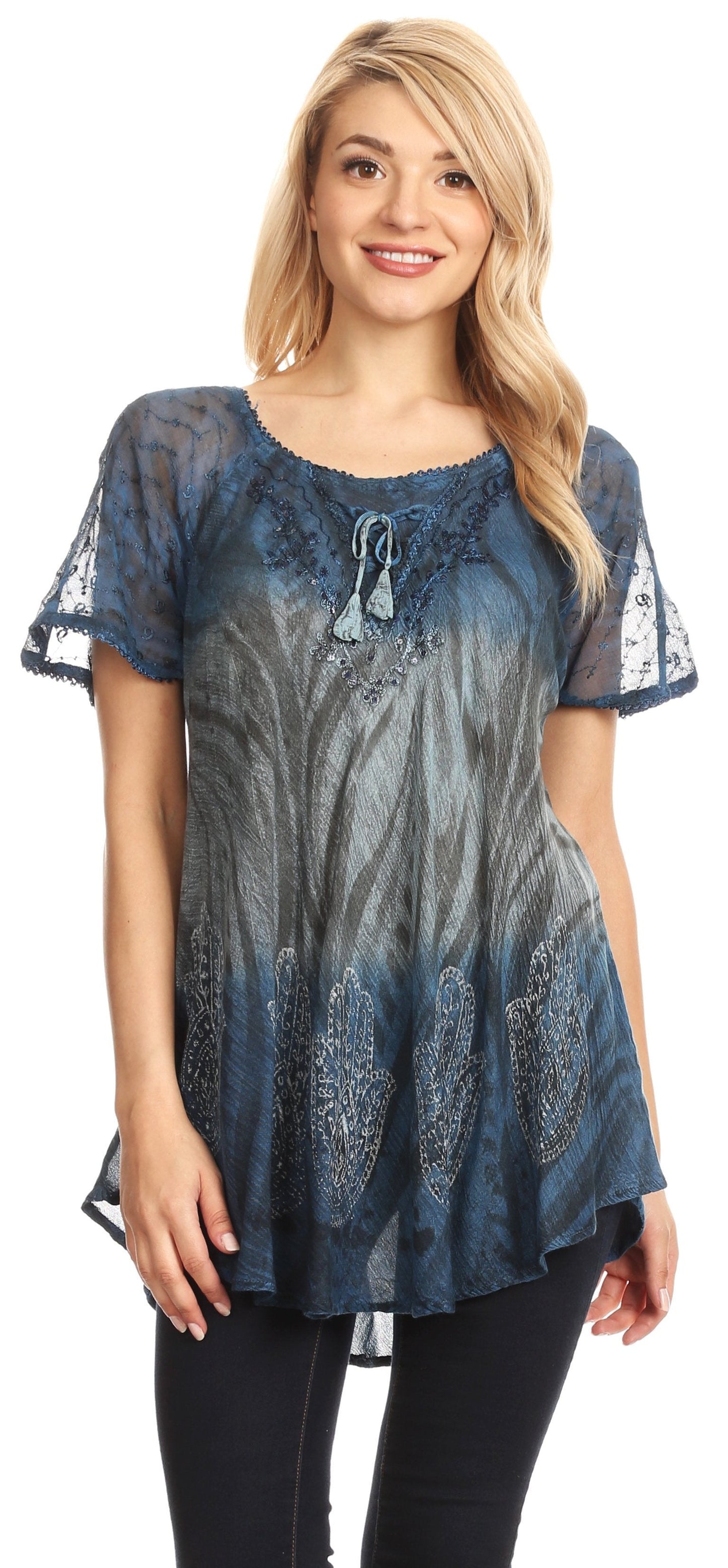 Sakkas Lily Casual Everyday Summer Short Sleeve Top Blouse with Block Print & Lace - Concordia Style Boutique