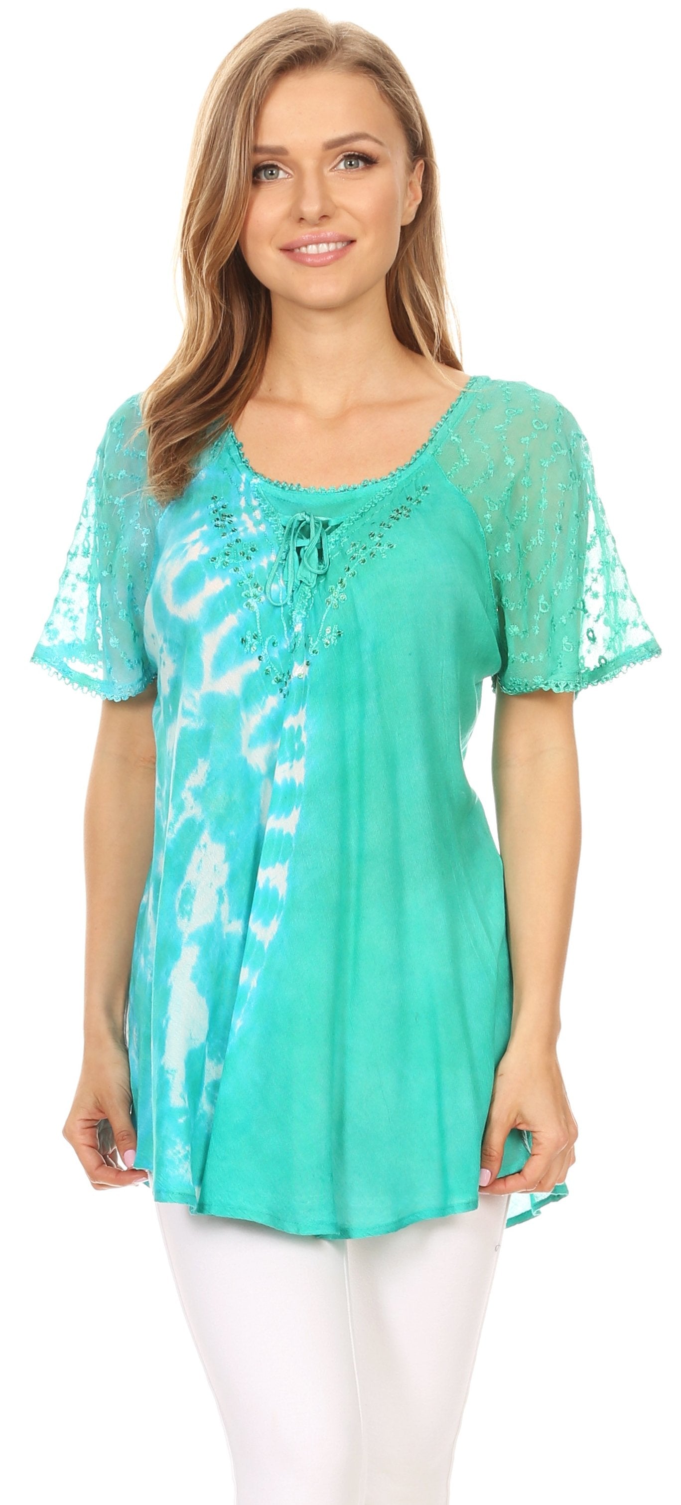 Sakkas Iris Womens Tie-dye Short Sleeve Blouse Top with Corset and Embroidery - Concordia Style Boutique