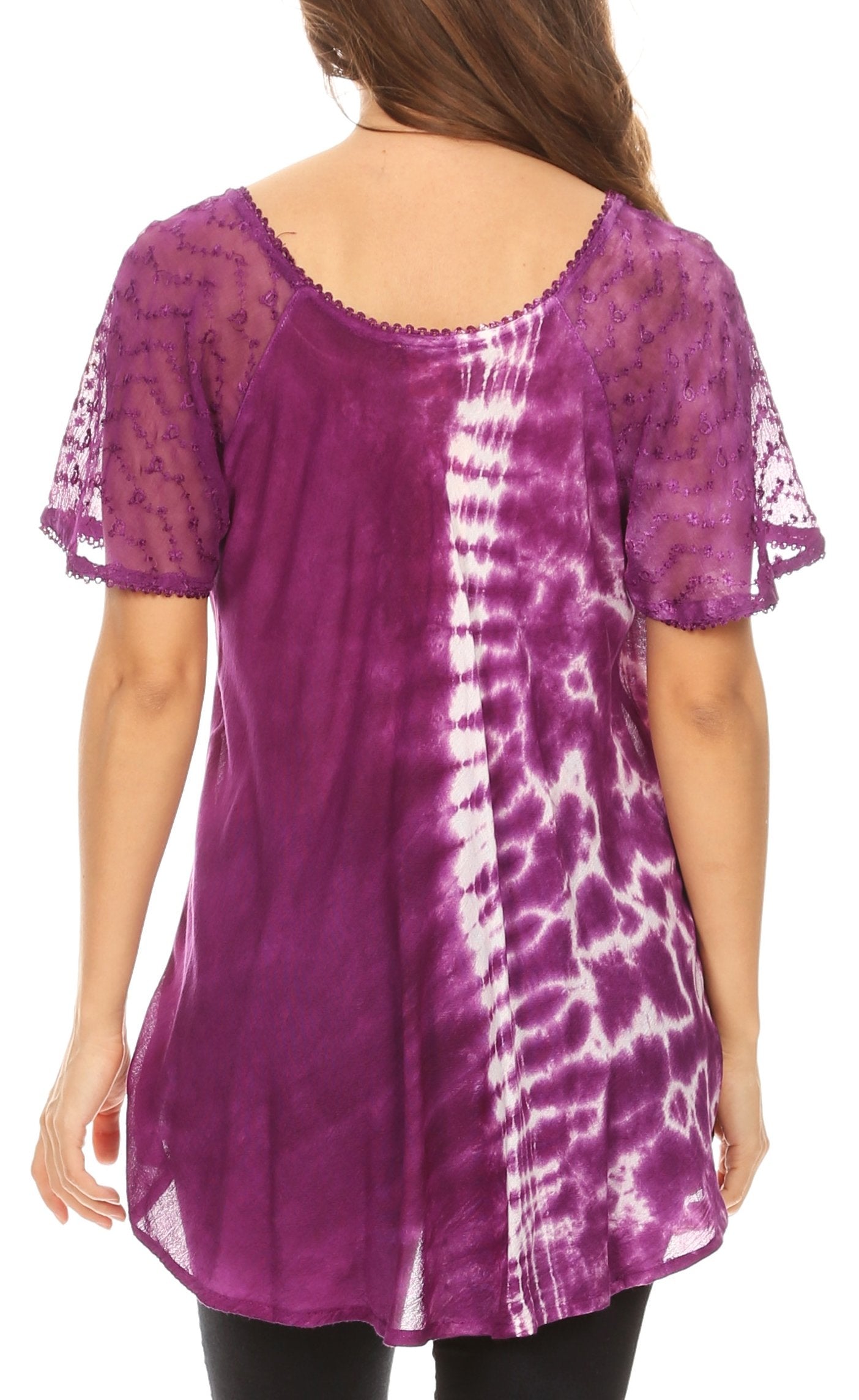 Sakkas Iris Womens Tie-dye Short Sleeve Blouse Top with Corset and Embroidery - Concordia Style Boutique