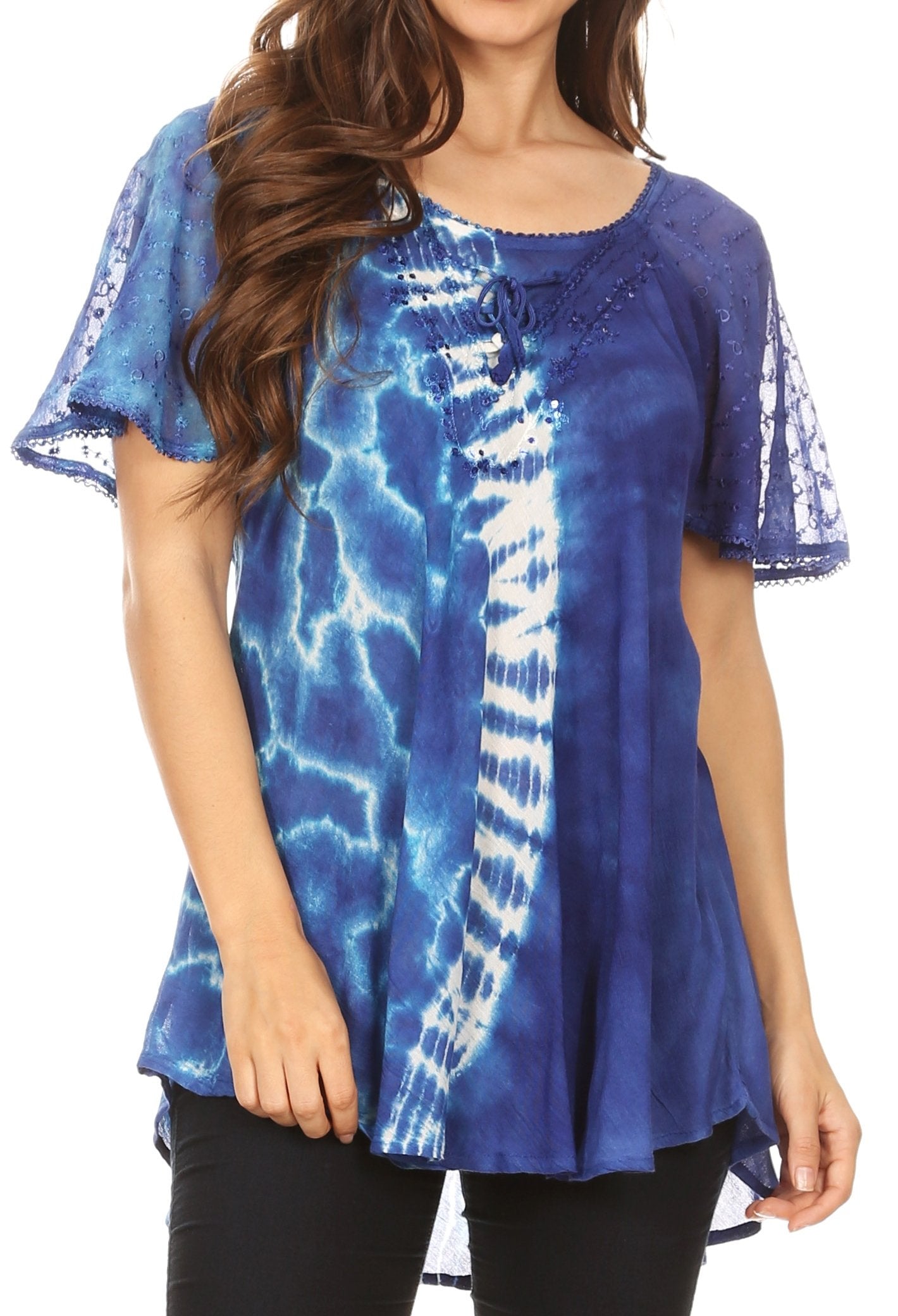 Sakkas Iris Womens Tie-dye Short Sleeve Blouse Top with Corset and Embroidery - Concordia Style Boutique