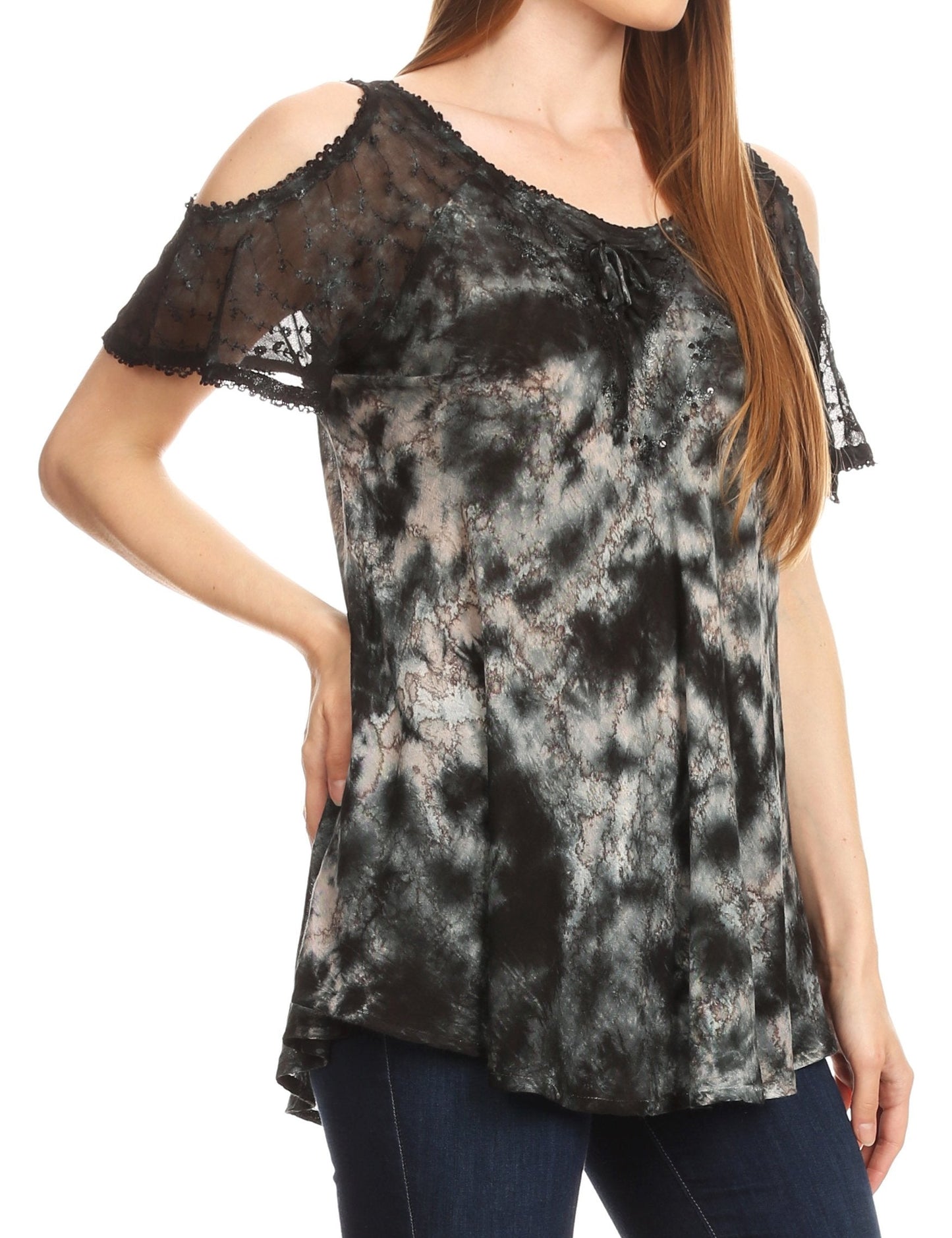 Sakkas Aziza Womens Cold Shoulder Tie-dye Blouse Top with Corset and Embroidery - Concordia Style Boutique