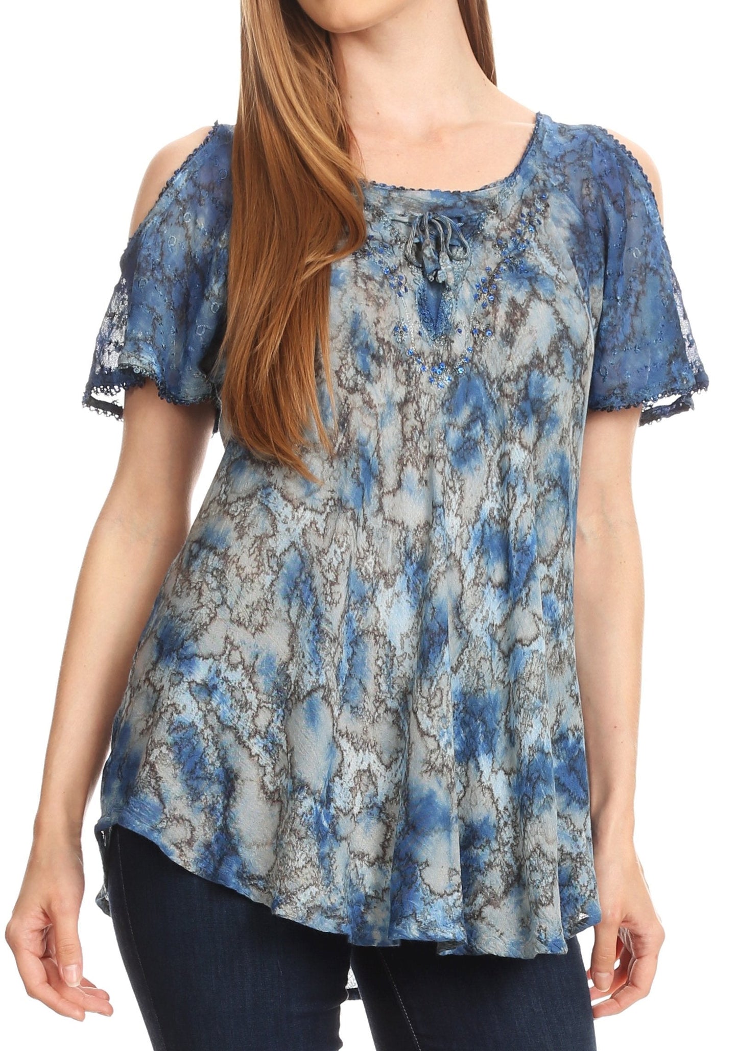 Sakkas Aziza Womens Cold Shoulder Tie-dye Blouse Top with Corset and Embroidery - Concordia Style Boutique