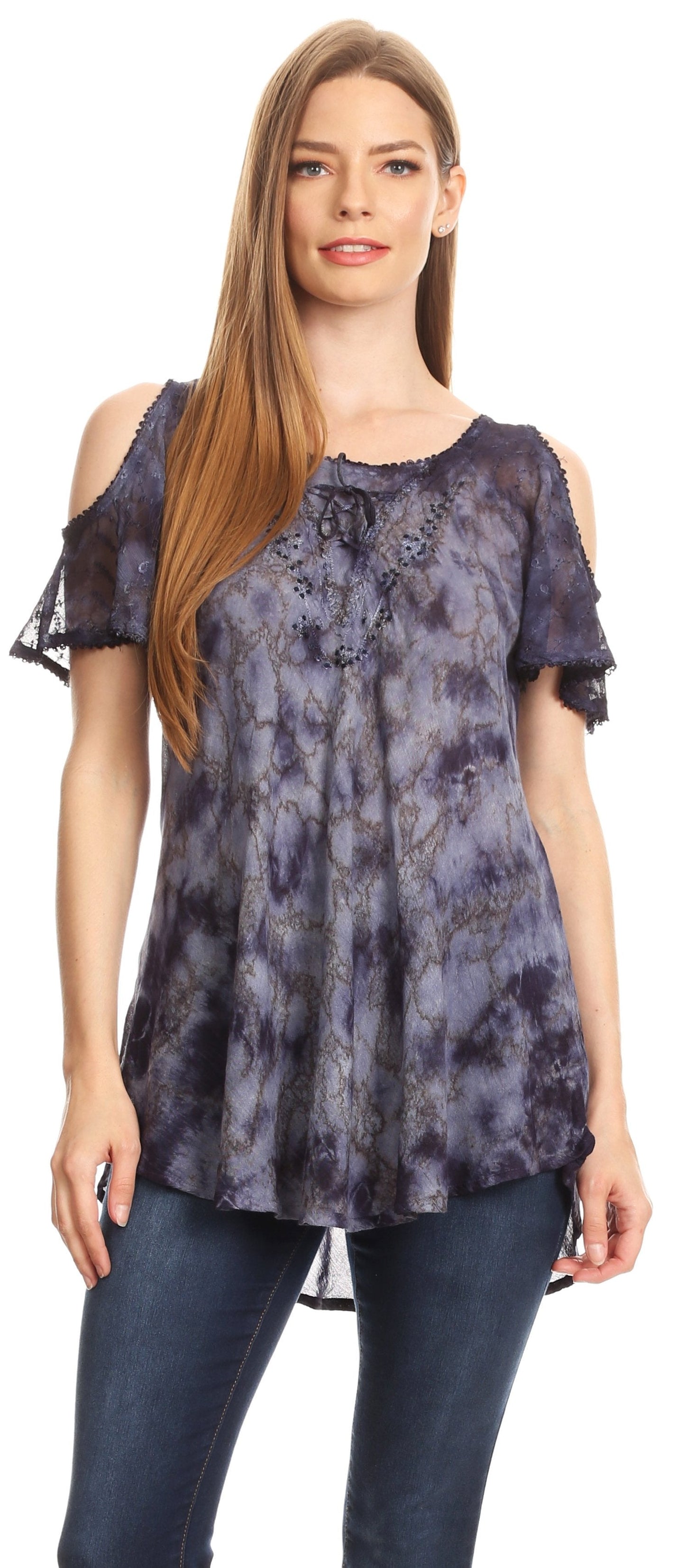 Sakkas Aziza Womens Cold Shoulder Tie-dye Blouse Top with Corset and Embroidery - Concordia Style Boutique