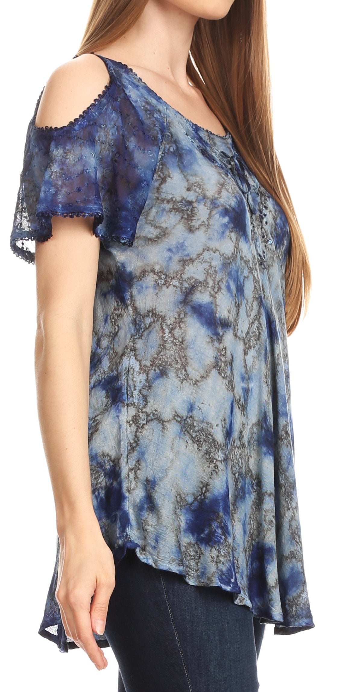 Sakkas Aziza Womens Cold Shoulder Tie-dye Blouse Top with Corset and Embroidery - Concordia Style Boutique