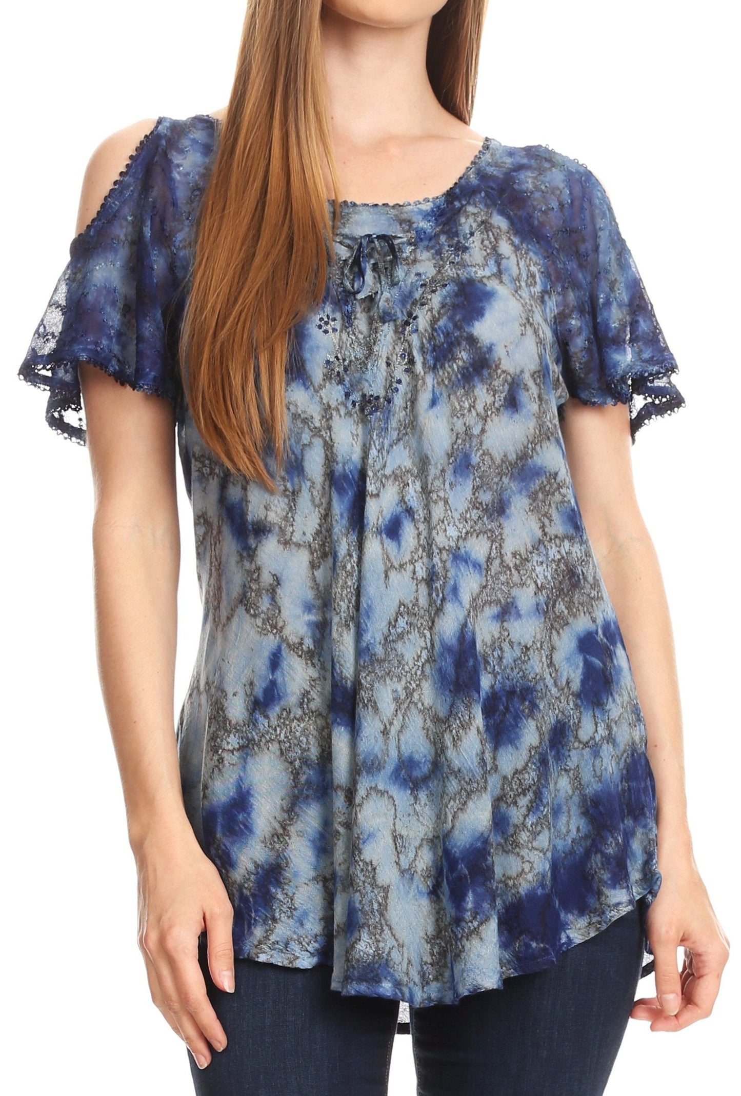 Sakkas Aziza Womens Cold Shoulder Tie-dye Blouse Top with Corset and Embroidery - Concordia Style Boutique