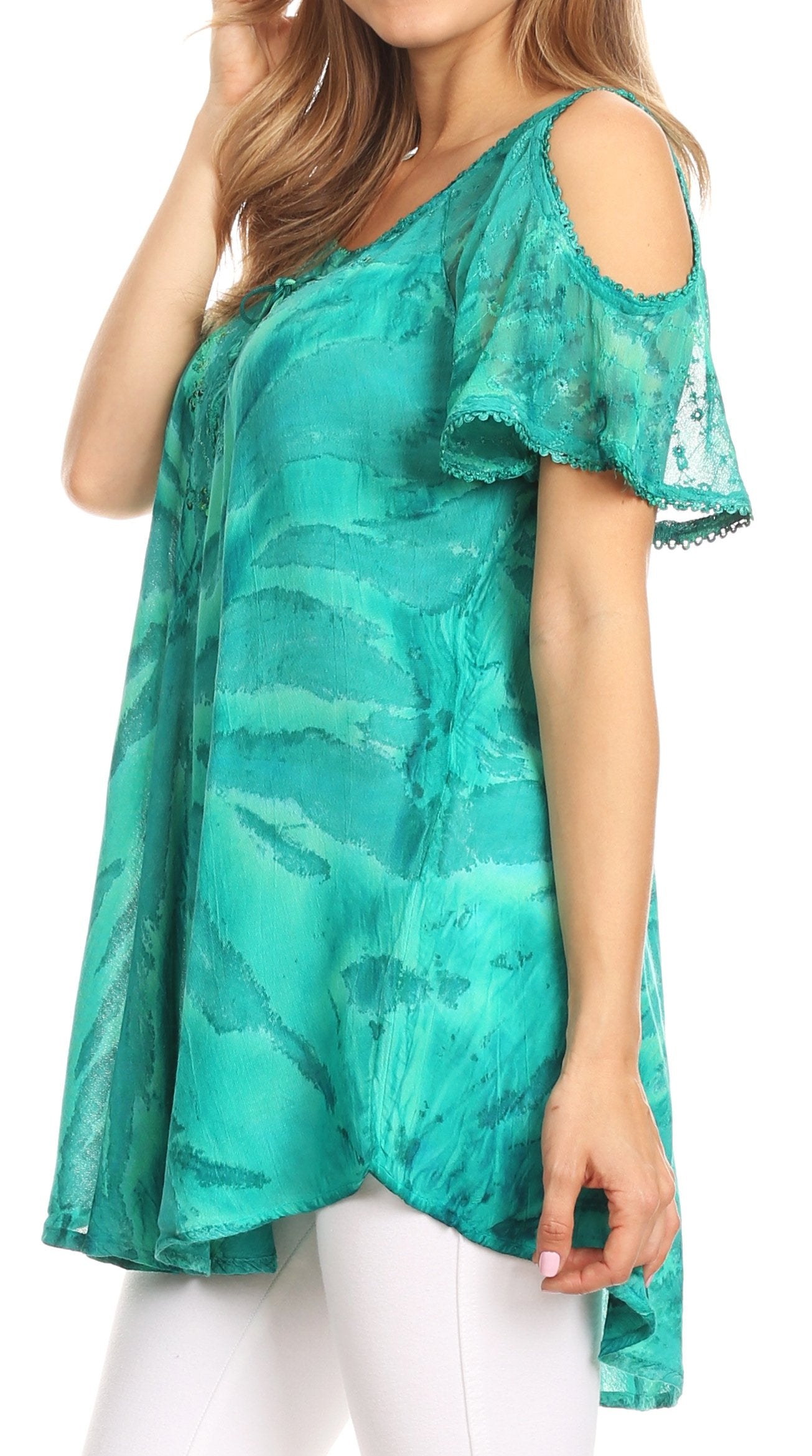 Sakkas Filipa Womens Cold Shoulder Top Blouse Tie-dye with Corset and Embroidery - Concordia Style Boutique