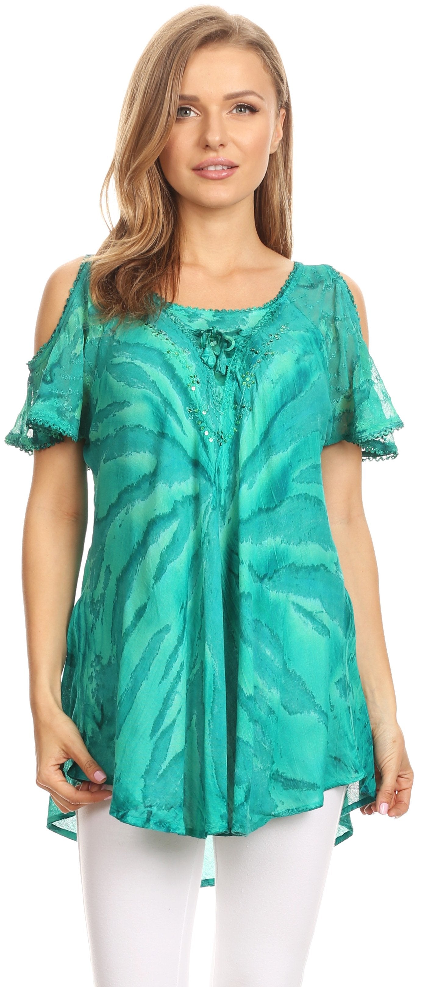 Sakkas Filipa Womens Cold Shoulder Top Blouse Tie-dye with Corset and Embroidery - Concordia Style Boutique