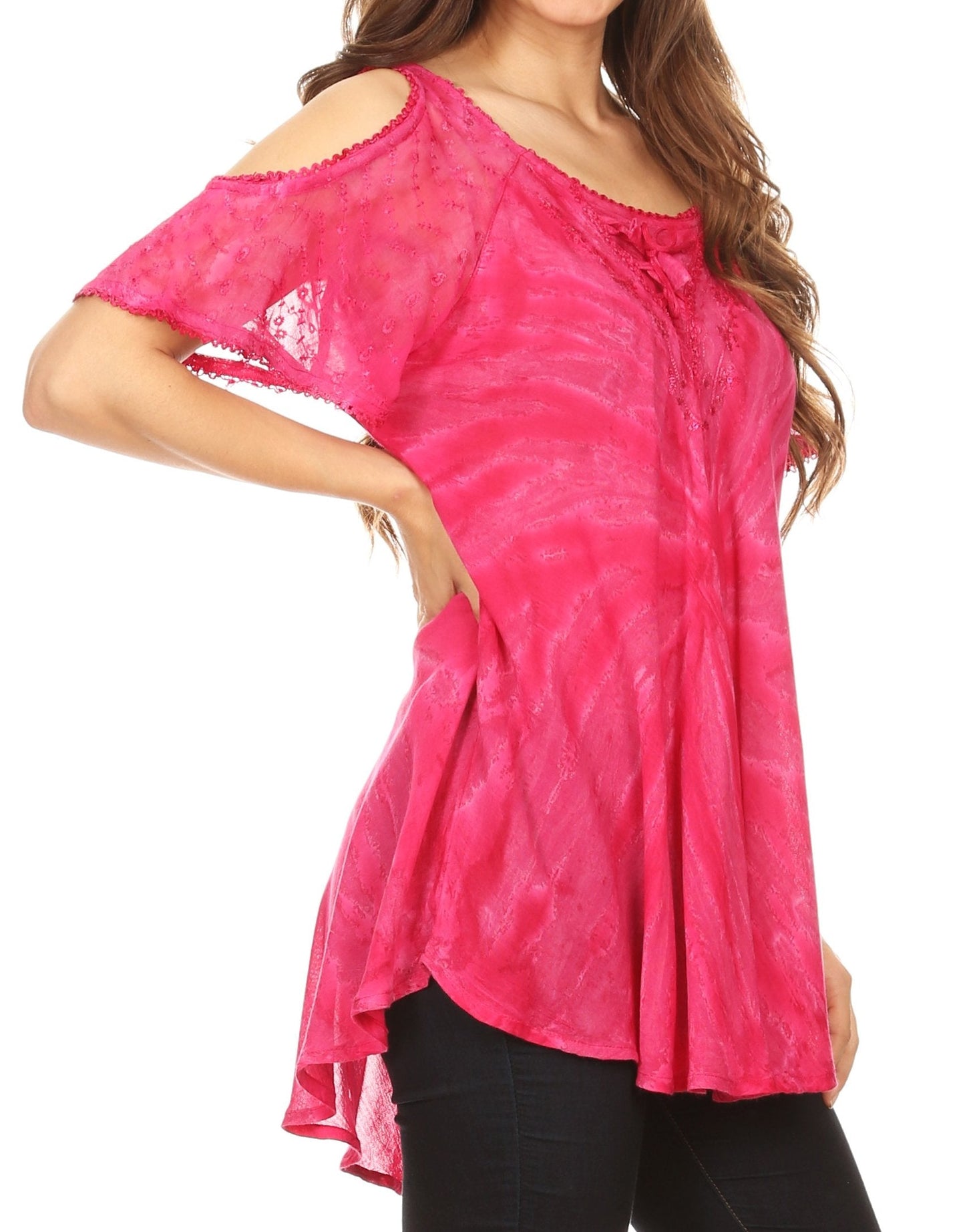 Sakkas Filipa Womens Cold Shoulder Top Blouse Tie-dye with Corset and Embroidery - Concordia Style Boutique