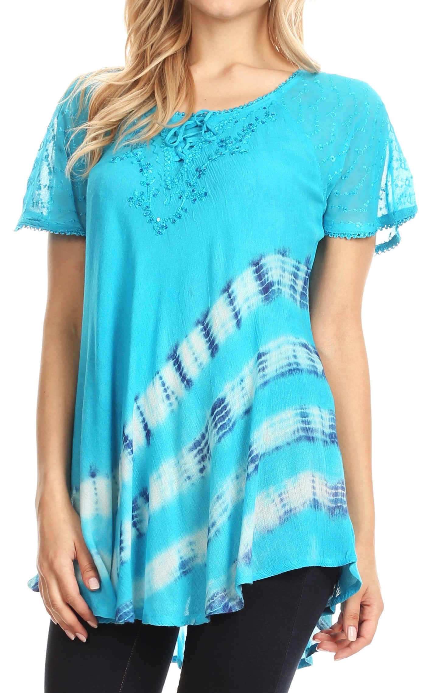 Sakkas Lulu Short Sleeve Summer Casual Fresh Blouse Top Lace Tie-dye & Corset - Concordia Style Boutique