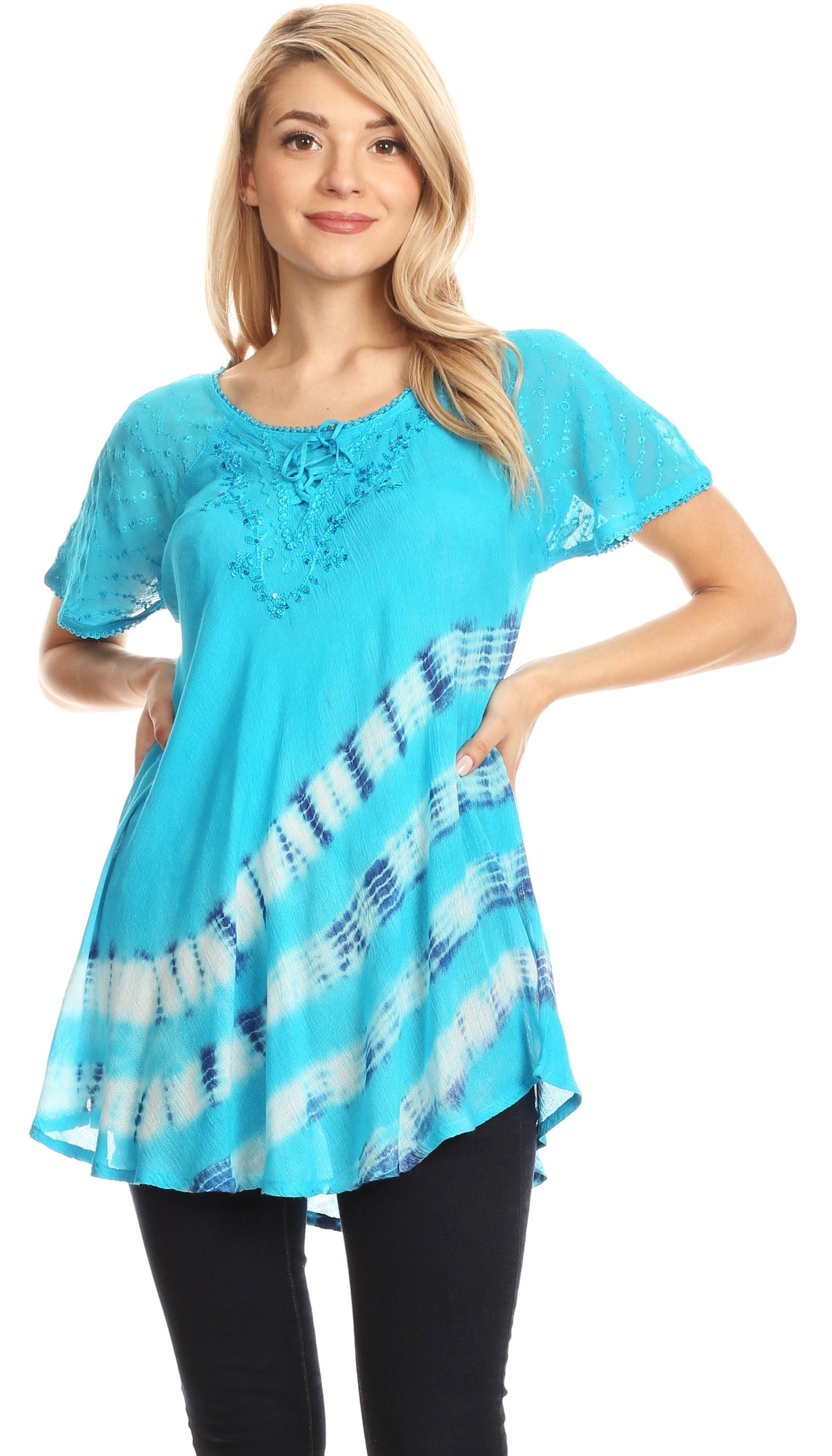 Sakkas Lulu Short Sleeve Summer Casual Fresh Blouse Top Lace Tie-dye & Corset - Concordia Style Boutique