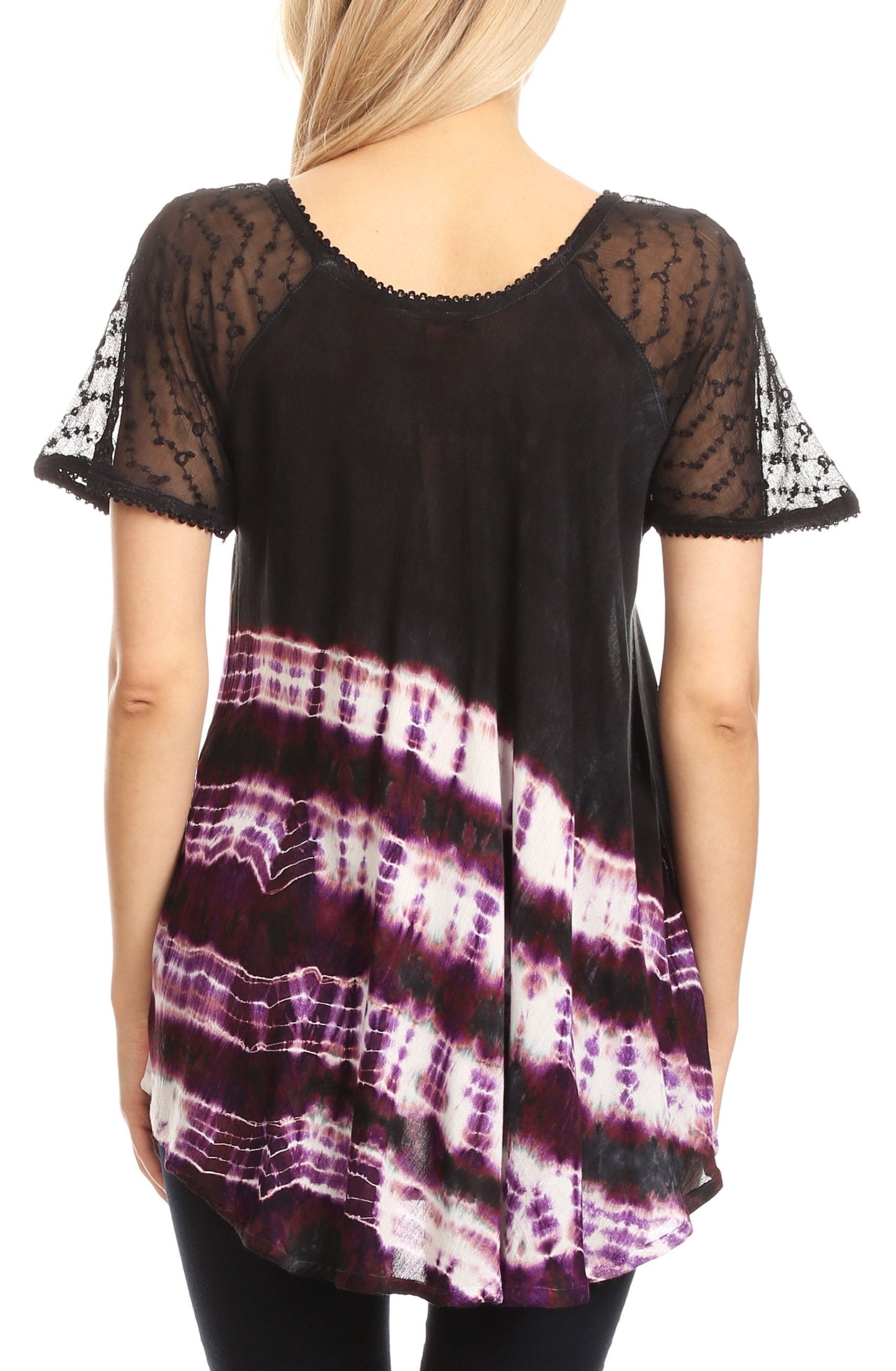 Sakkas Lulu Short Sleeve Summer Casual Fresh Blouse Top Lace Tie-dye & Corset - Concordia Style Boutique
