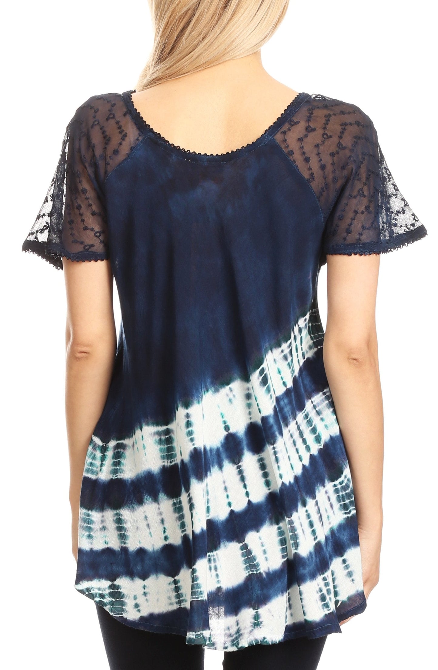Sakkas Lulu Short Sleeve Summer Casual Fresh Blouse Top Lace Tie-dye & Corset - Concordia Style Boutique