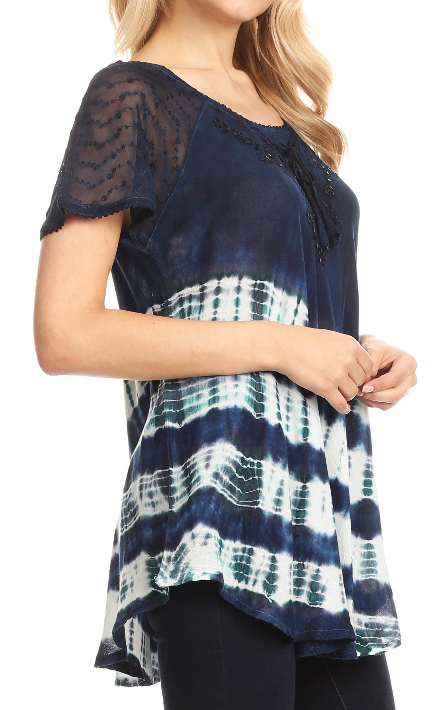 Sakkas Lulu Short Sleeve Summer Casual Fresh Blouse Top Lace Tie-dye & Corset - Concordia Style Boutique