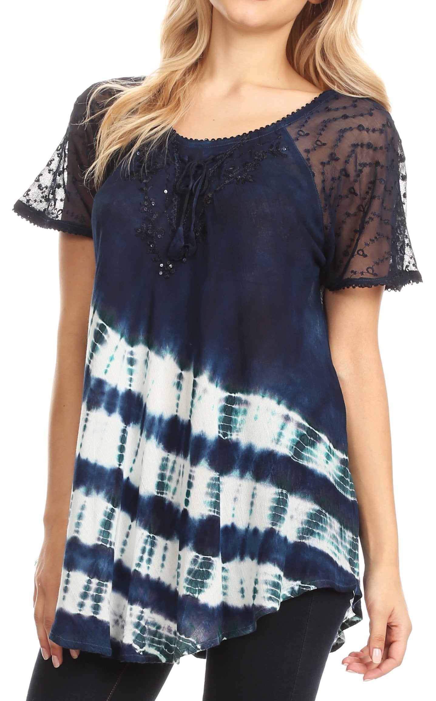 Sakkas Lulu Short Sleeve Summer Casual Fresh Blouse Top Lace Tie-dye & Corset - Concordia Style Boutique