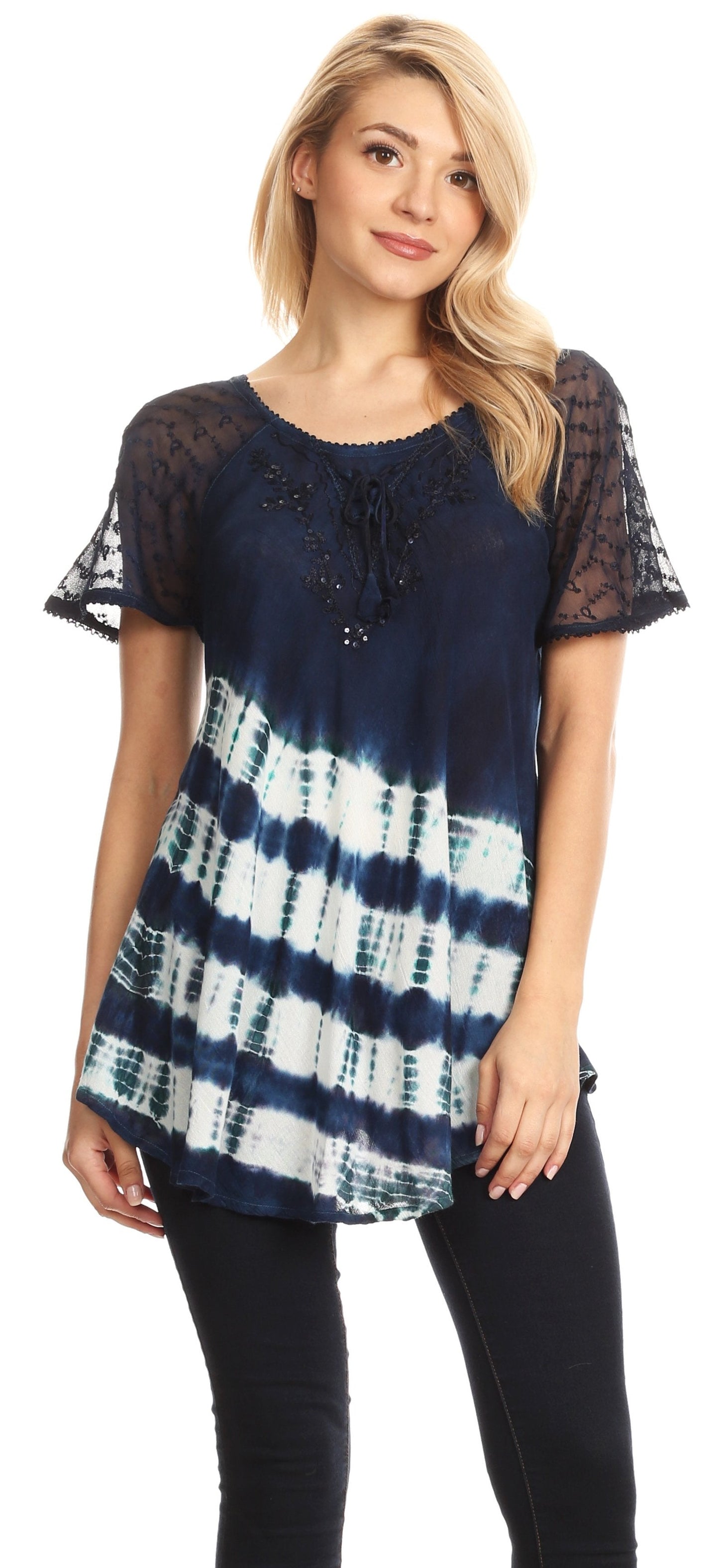 Sakkas Lulu Short Sleeve Summer Casual Fresh Blouse Top Lace Tie-dye & Corset - Concordia Style Boutique
