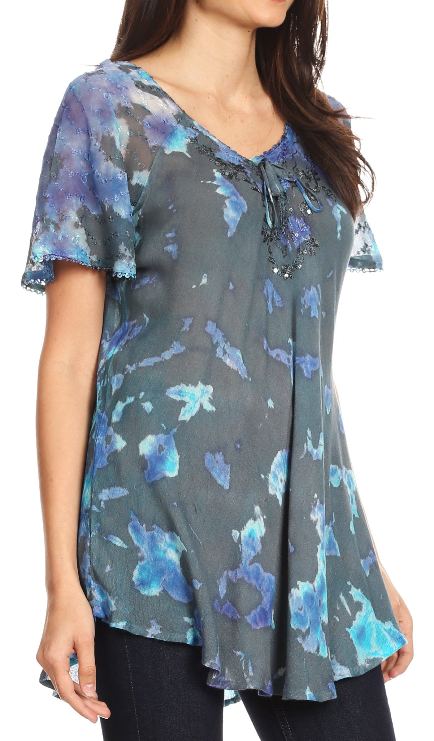 Sakkas Allegra Women's Short Sleeve Loose Fit Casual Tie Dye Blouse Tunic Shirt - Concordia Style Boutique