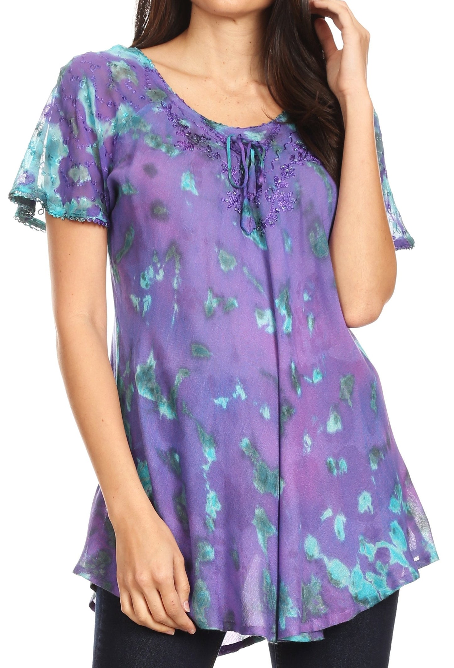 Sakkas Allegra Women's Short Sleeve Loose Fit Casual Tie Dye Blouse Tunic Shirt - Concordia Style Boutique