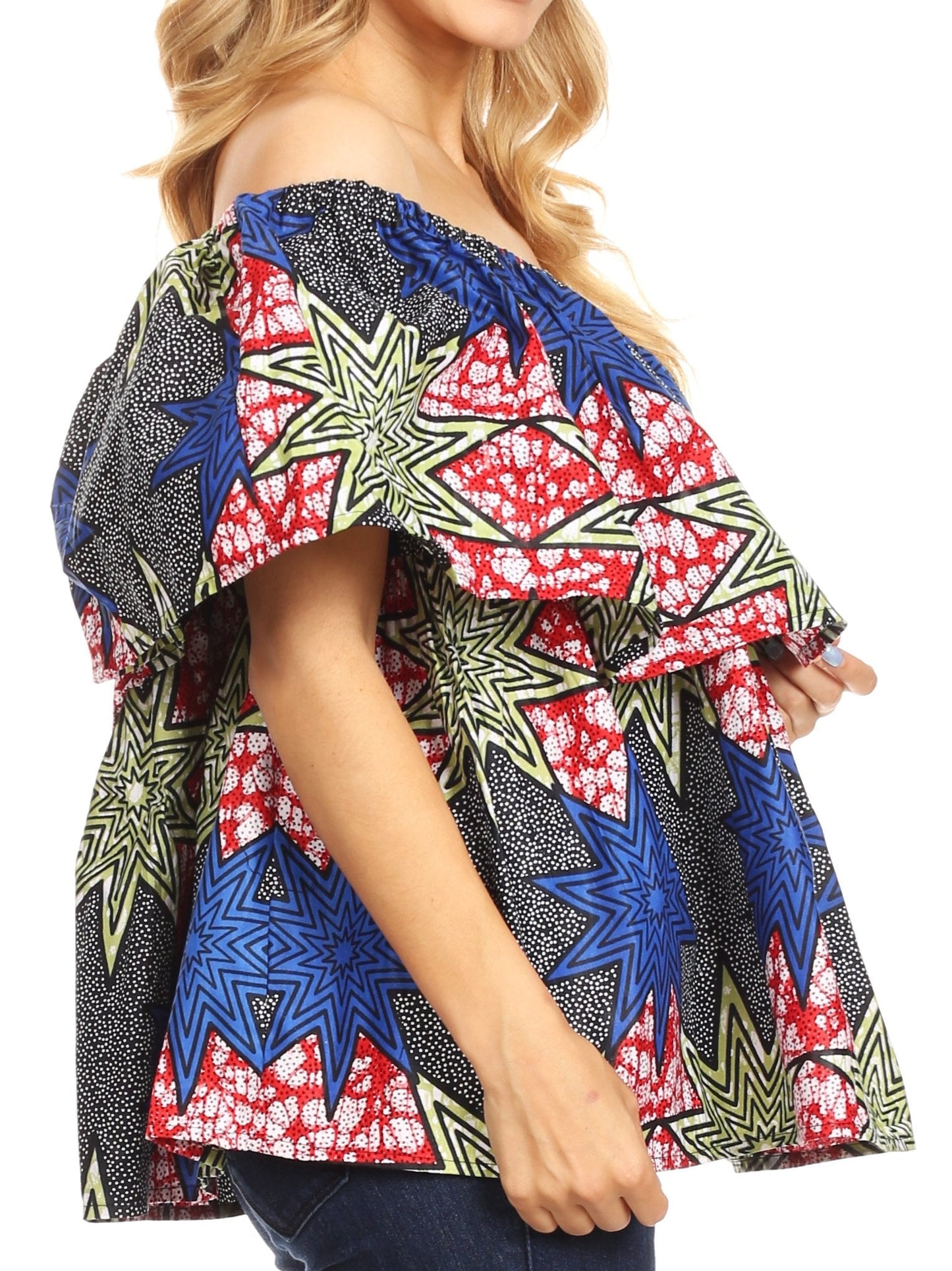 Sakkas Imani Colorful Wax African Ankara Dutch Off-shoulder Blouse Top Gorgeous - Concordia Style Boutique