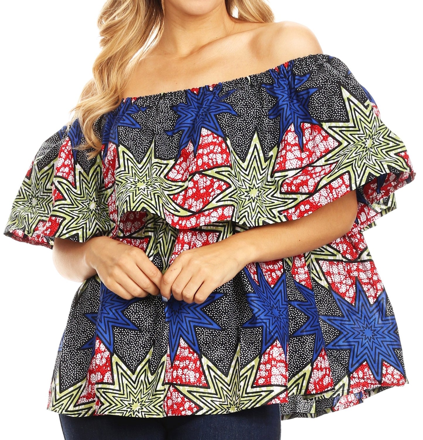 Sakkas Imani Colorful Wax African Ankara Dutch Off-shoulder Blouse Top Gorgeous - Concordia Style Boutique