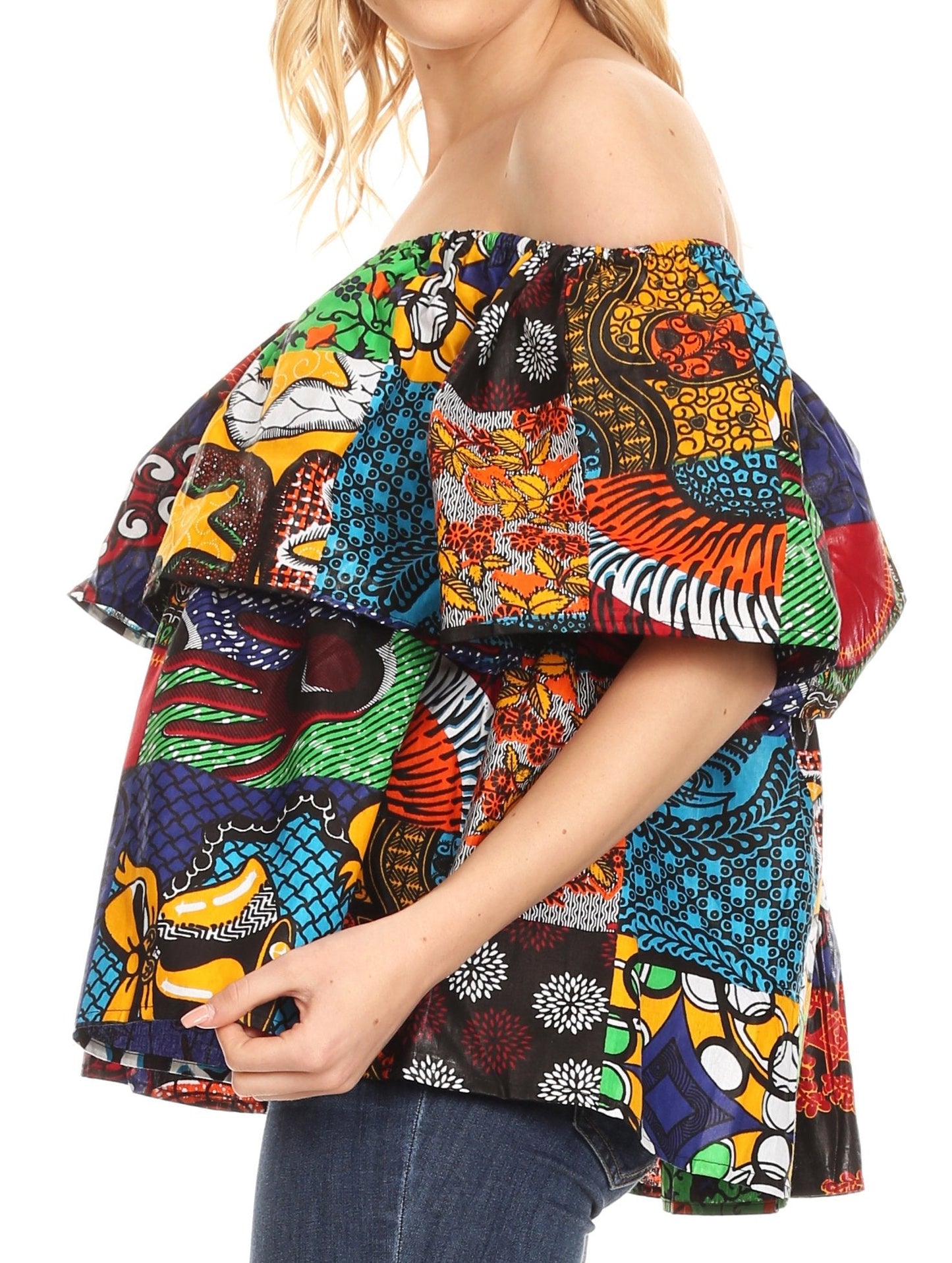 Sakkas Imani Colorful Wax African Ankara Dutch Off-shoulder Blouse Top Gorgeous - Concordia Style Boutique