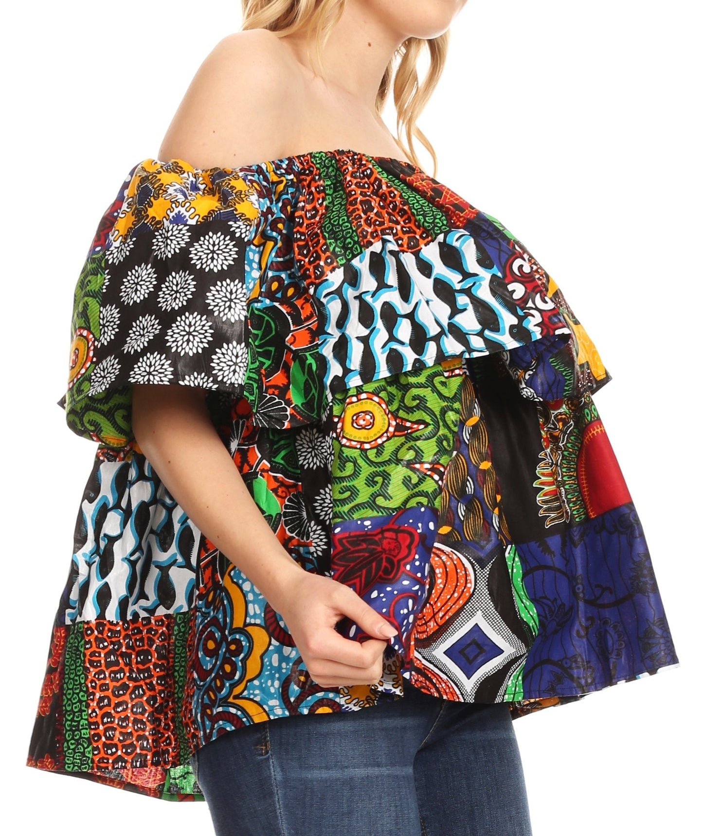 Sakkas Imani Colorful Wax African Ankara Dutch Off-shoulder Blouse Top Gorgeous - Concordia Style Boutique
