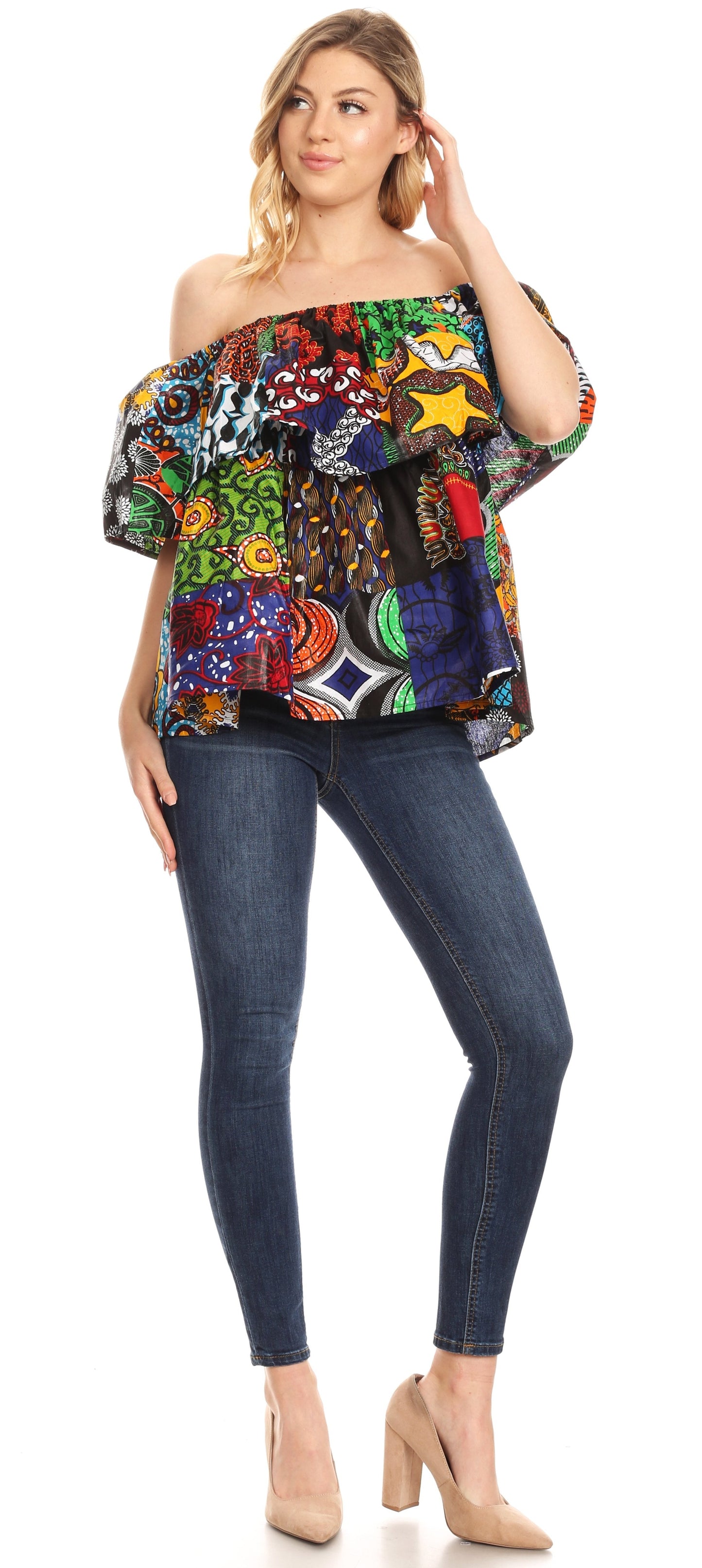 Sakkas Imani Colorful Wax African Ankara Dutch Off-shoulder Blouse Top Gorgeous - Concordia Style Boutique