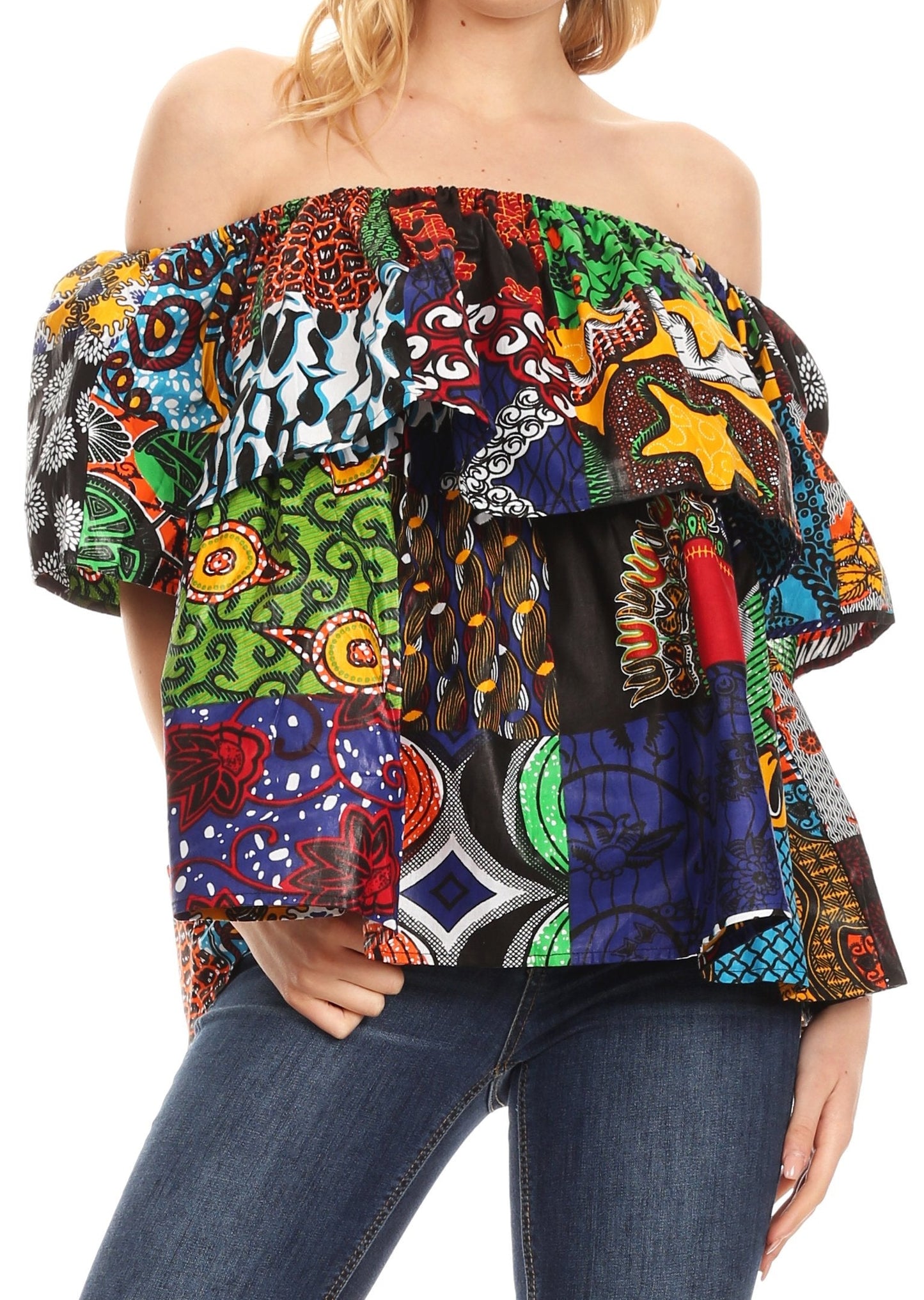 Sakkas Imani Colorful Wax African Ankara Dutch Off-shoulder Blouse Top Gorgeous - Concordia Style Boutique