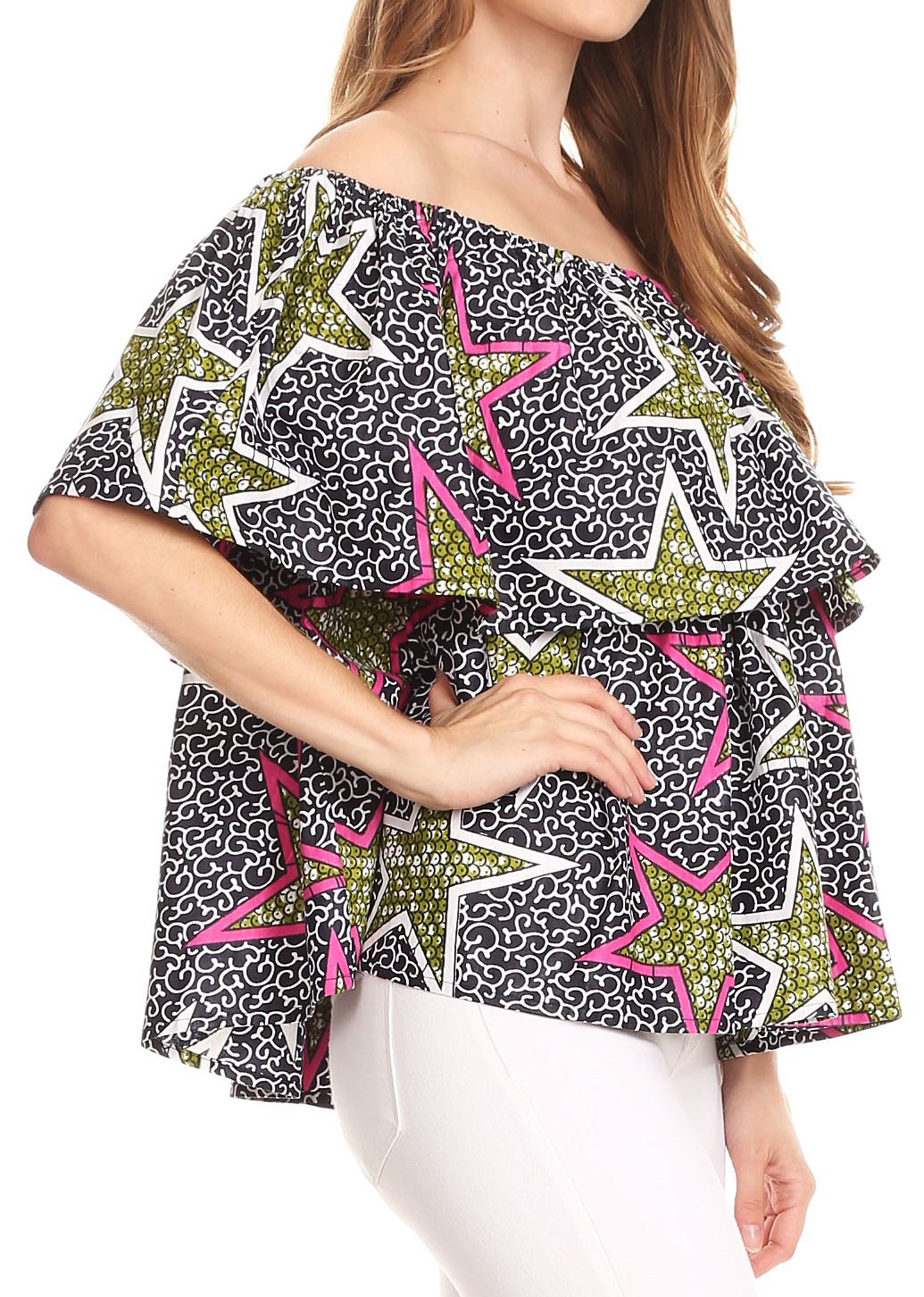 Sakkas Imani Colorful Wax African Ankara Dutch Off-shoulder Blouse Top Gorgeous - Concordia Style Boutique