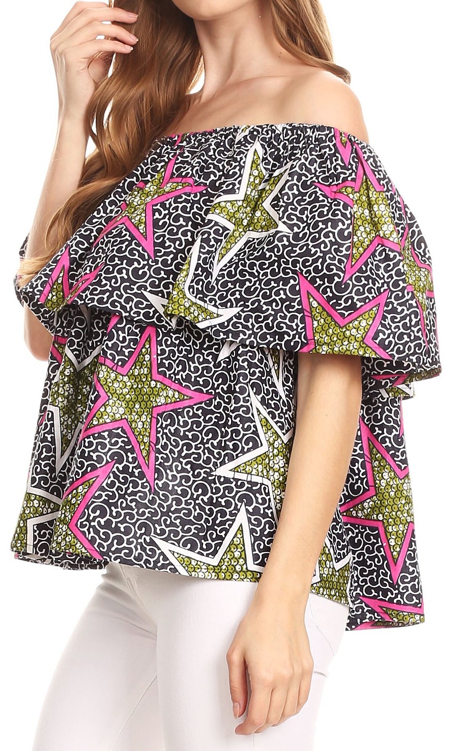Sakkas Imani Colorful Wax African Ankara Dutch Off-shoulder Blouse Top Gorgeous - Concordia Style Boutique