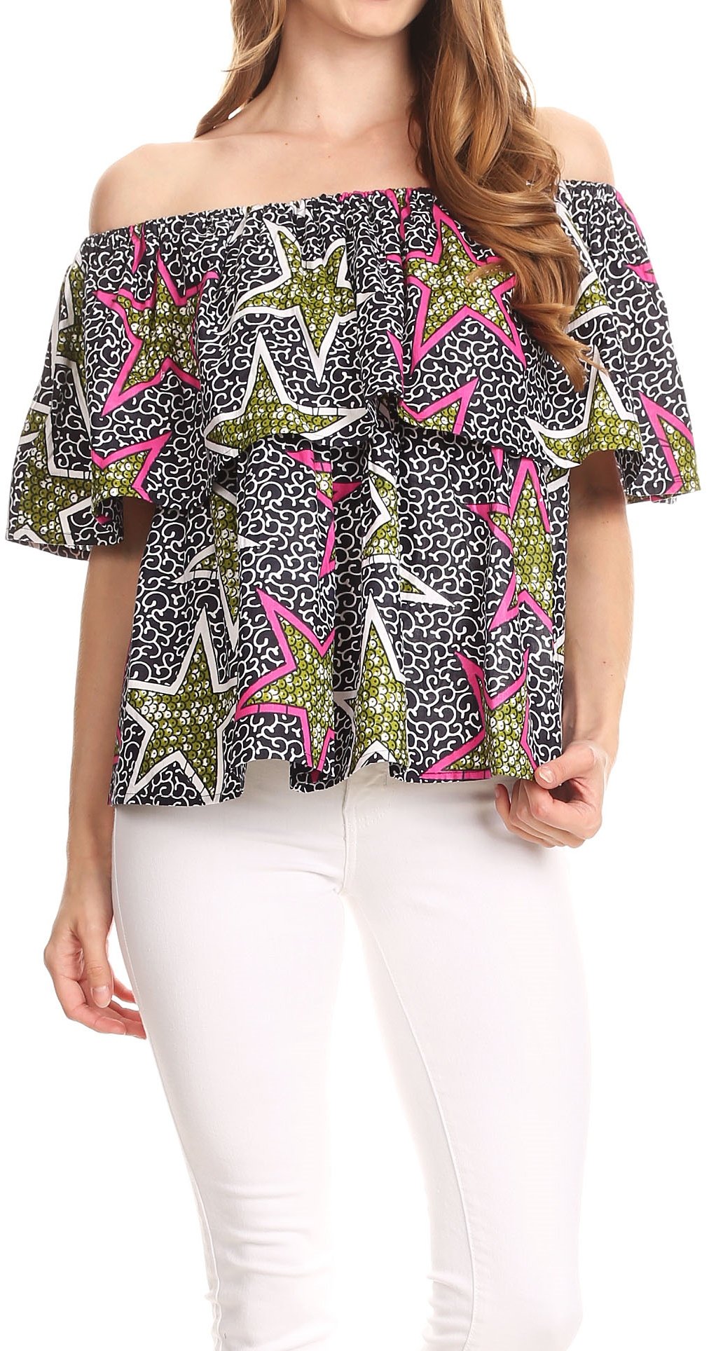 Sakkas Imani Colorful Wax African Ankara Dutch Off-shoulder Blouse Top Gorgeous - Concordia Style Boutique