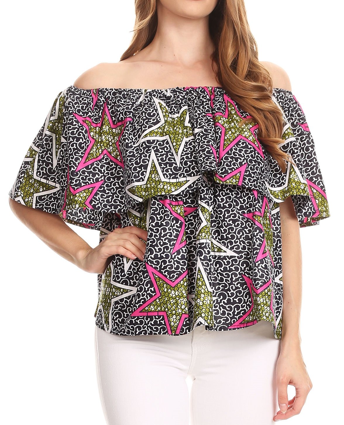 Sakkas Imani Colorful Wax African Ankara Dutch Off-shoulder Blouse Top Gorgeous - Concordia Style Boutique
