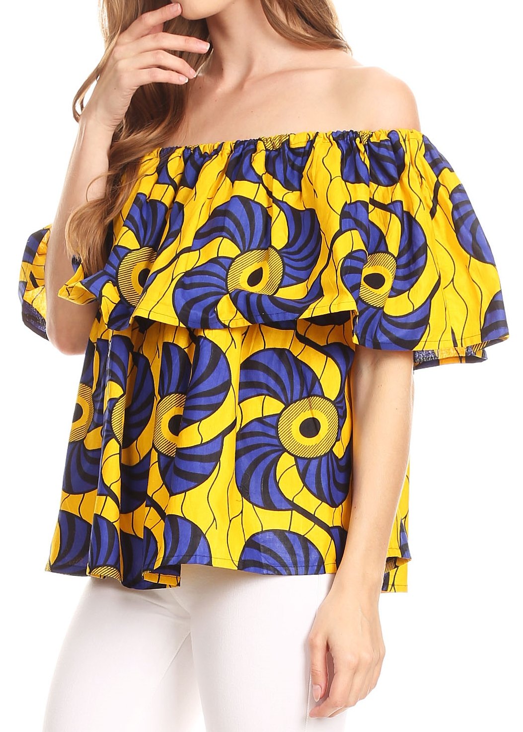 Sakkas Imani Colorful Wax African Ankara Dutch Off-shoulder Blouse Top Gorgeous - Concordia Style Boutique