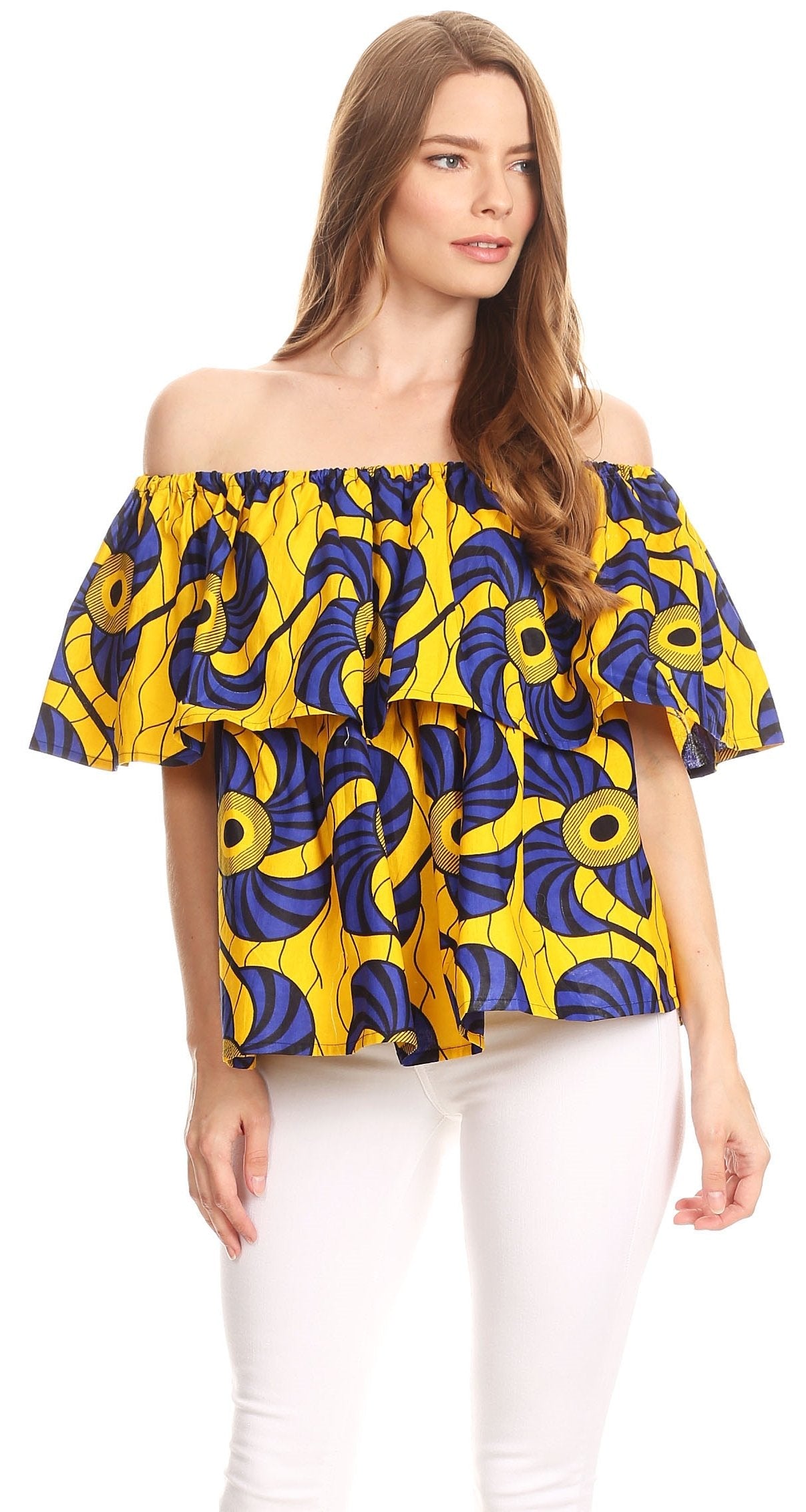 Sakkas Imani Colorful Wax African Ankara Dutch Off-shoulder Blouse Top Gorgeous - Concordia Style Boutique